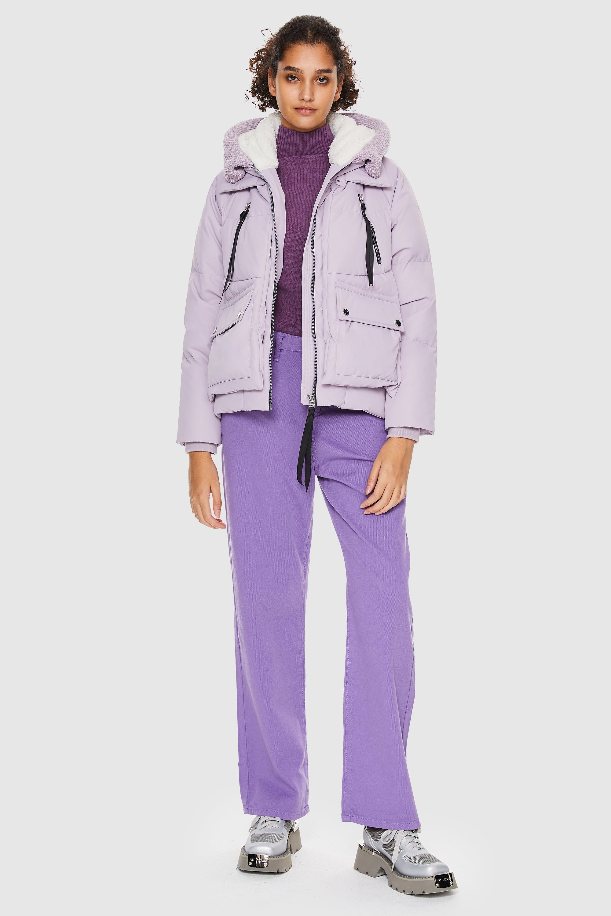 Orolay-092 Colorlay Knitted Brim Hooded Down Coat-#color_Light Purple