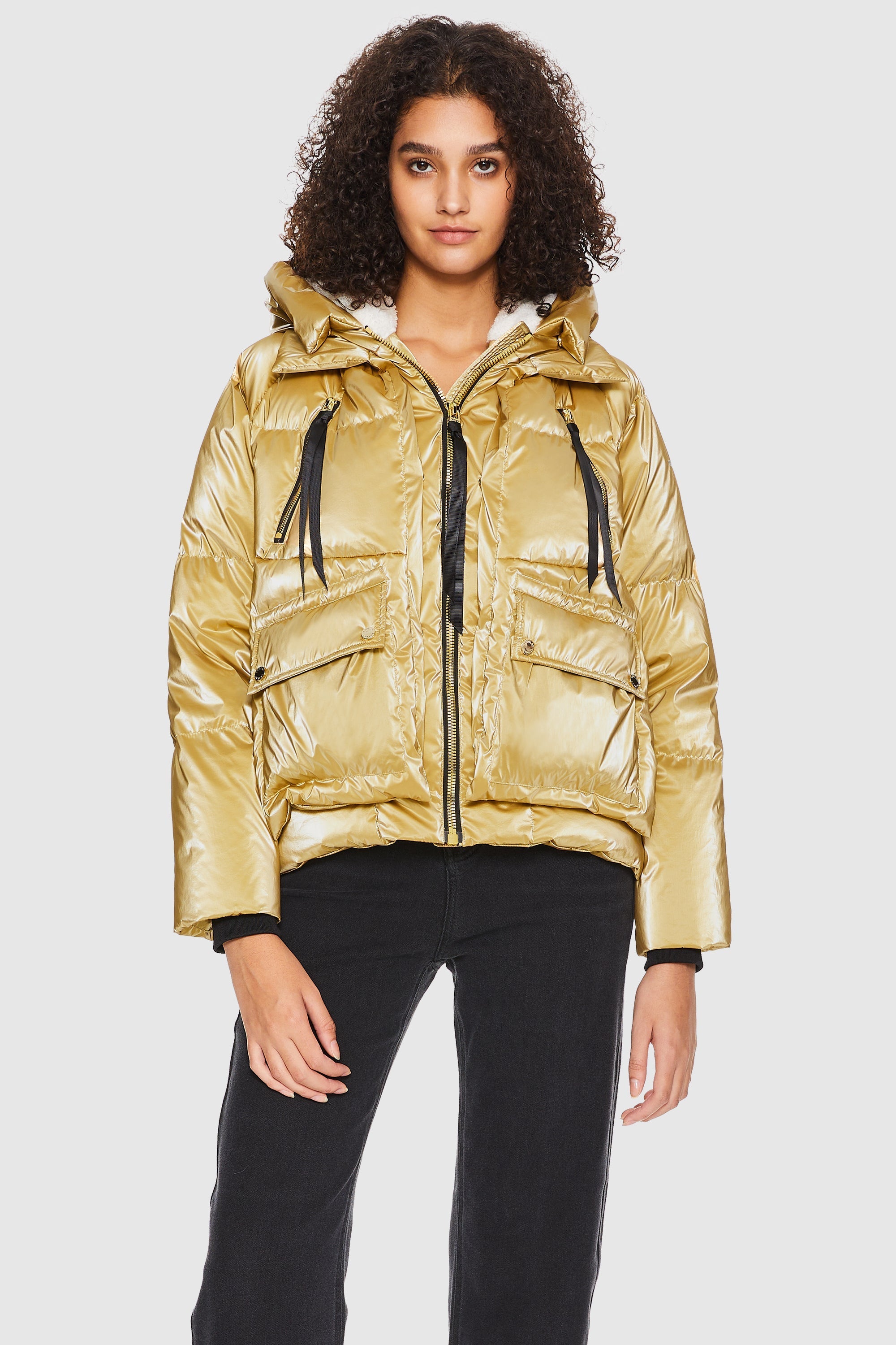 Orolay-092 Cosmos Cropped Crome Down Jacket-#color_Metallic Golden