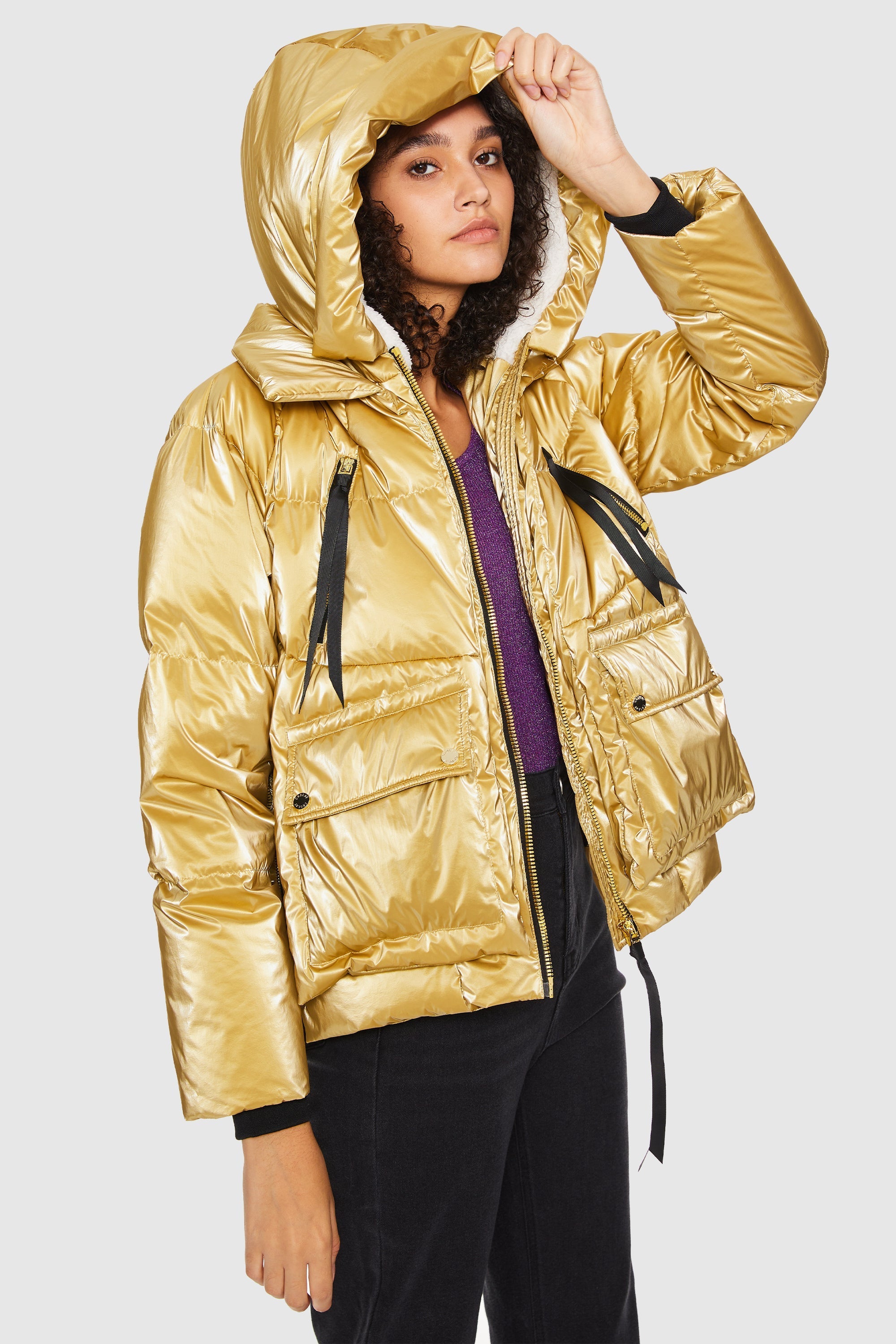 Orolay-092 Cosmos Cropped Crome Down Jacket-#color_Metallic Golden