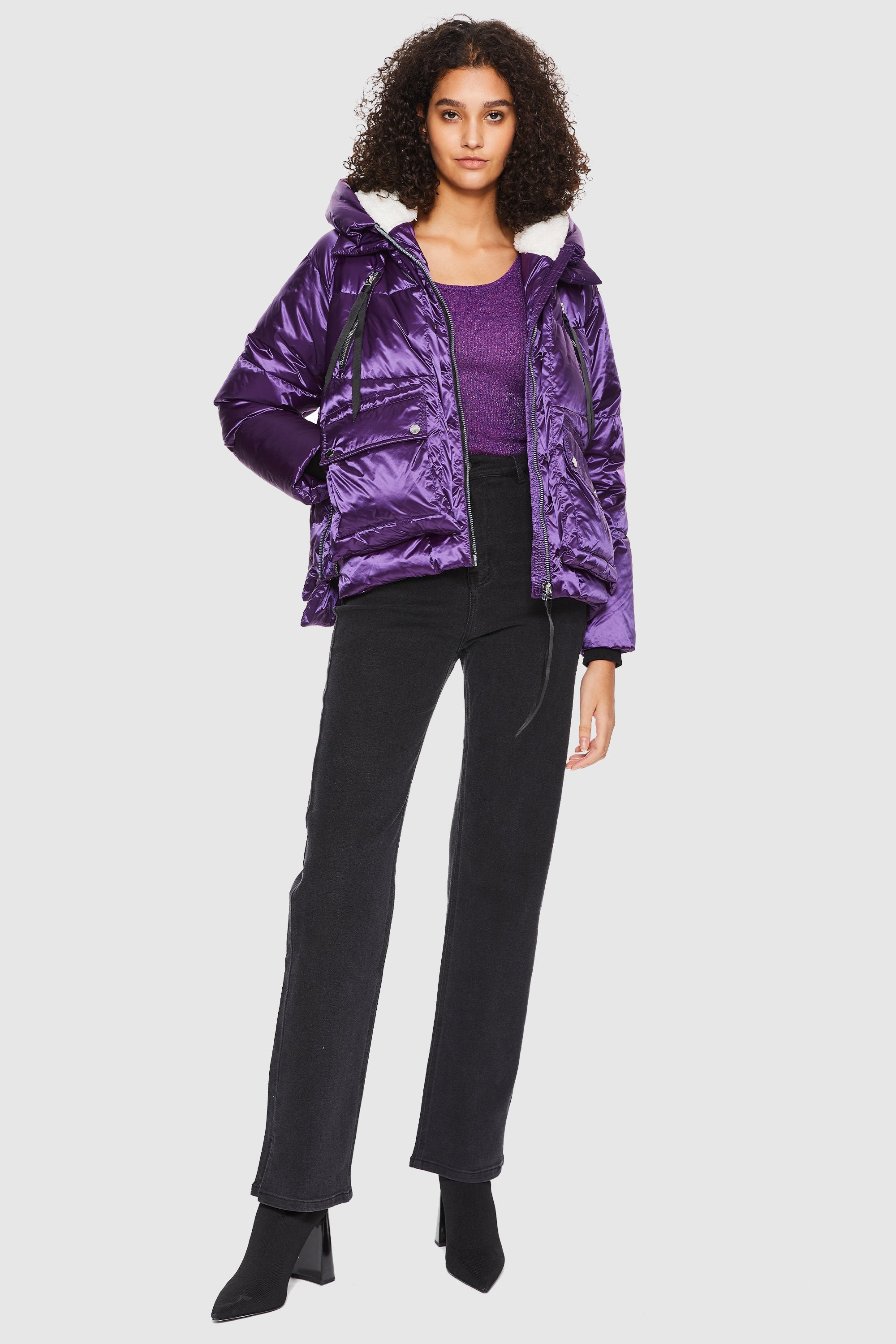 Orolay-092 Cosmos Cropped Crome Down Jacket-#color_Metallic Purple