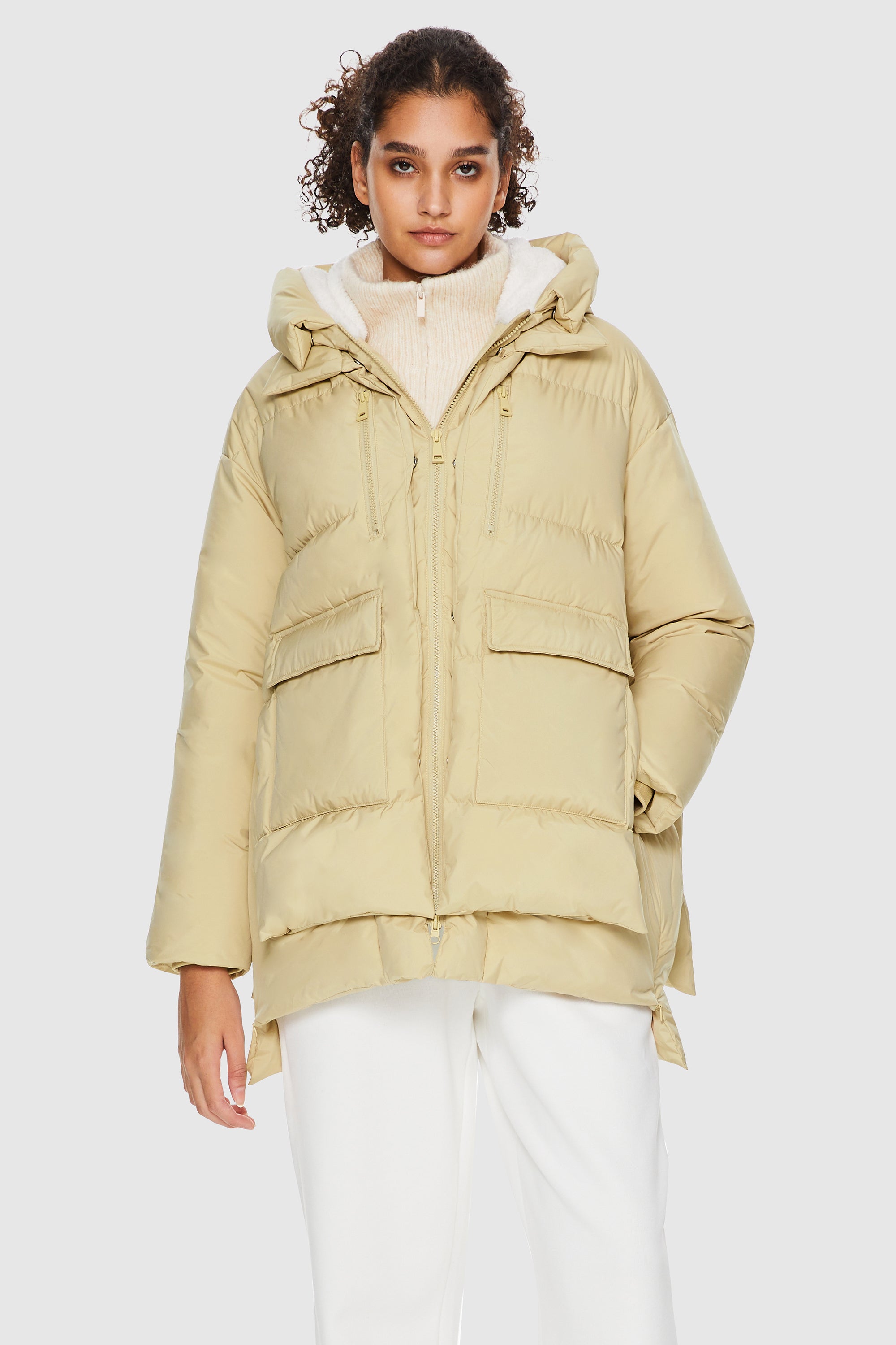 Orolay-092 O-Lab Hooded Down Jacket with Slitted Hem-#color_Summer Melon