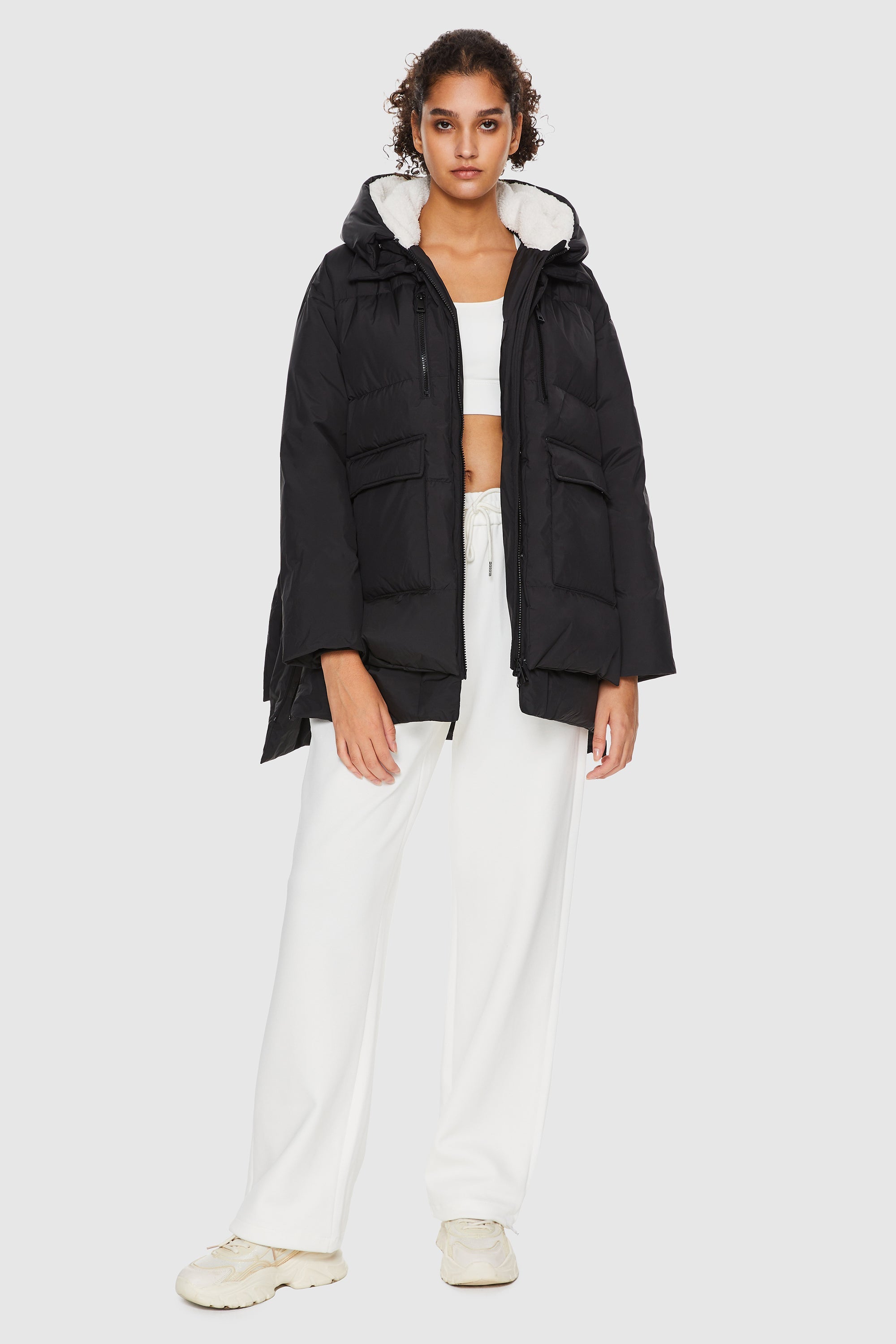 Orolay-092 O-Lab Hooded Down Jacket with Slitted Hem-#color_Black