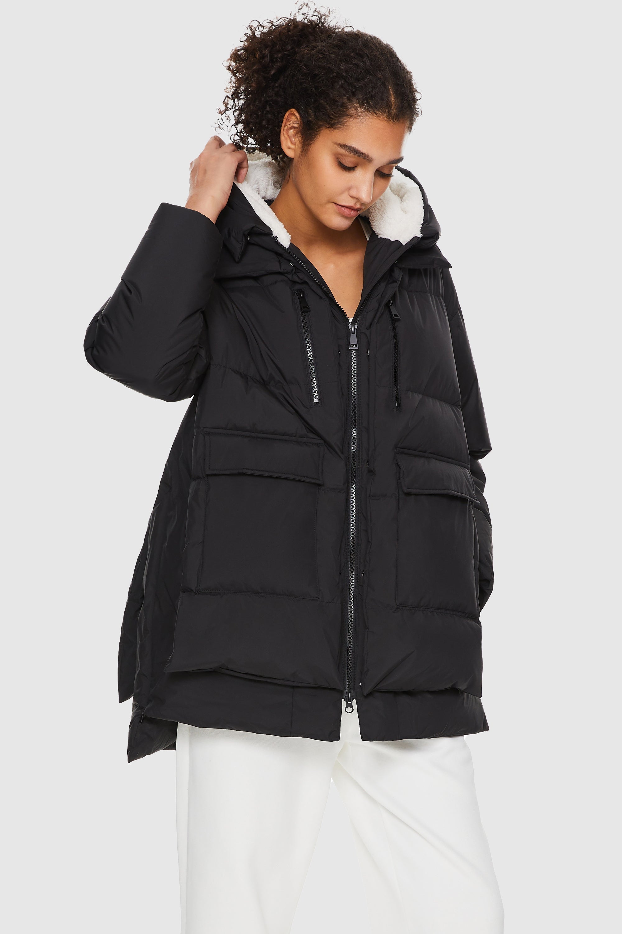 Orolay-092 O-Lab Hooded Down Jacket with Slitted Hem-#color_Black