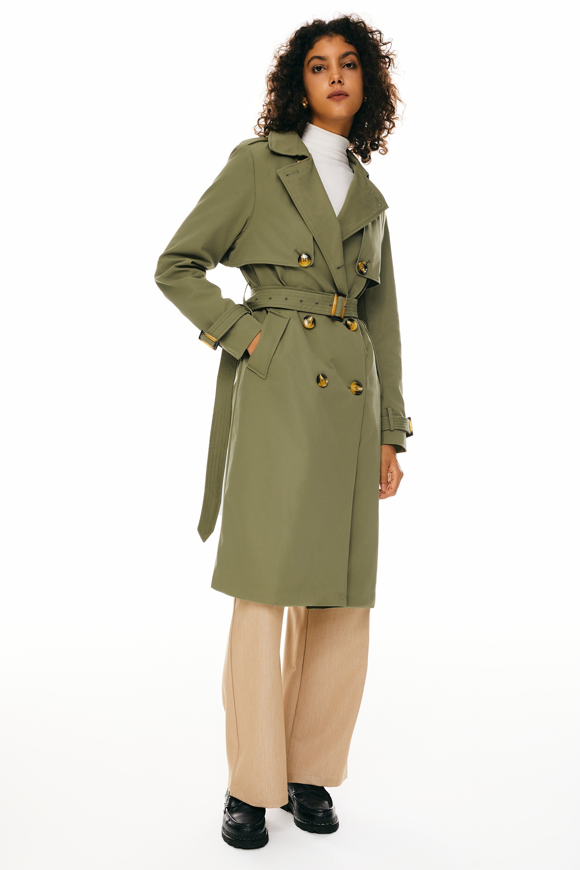 Orolay-3/4 Belted Double-Breasted Trench-women 3/4 Belted Double-Breasted Trench from Orolay - #color_Sage Green