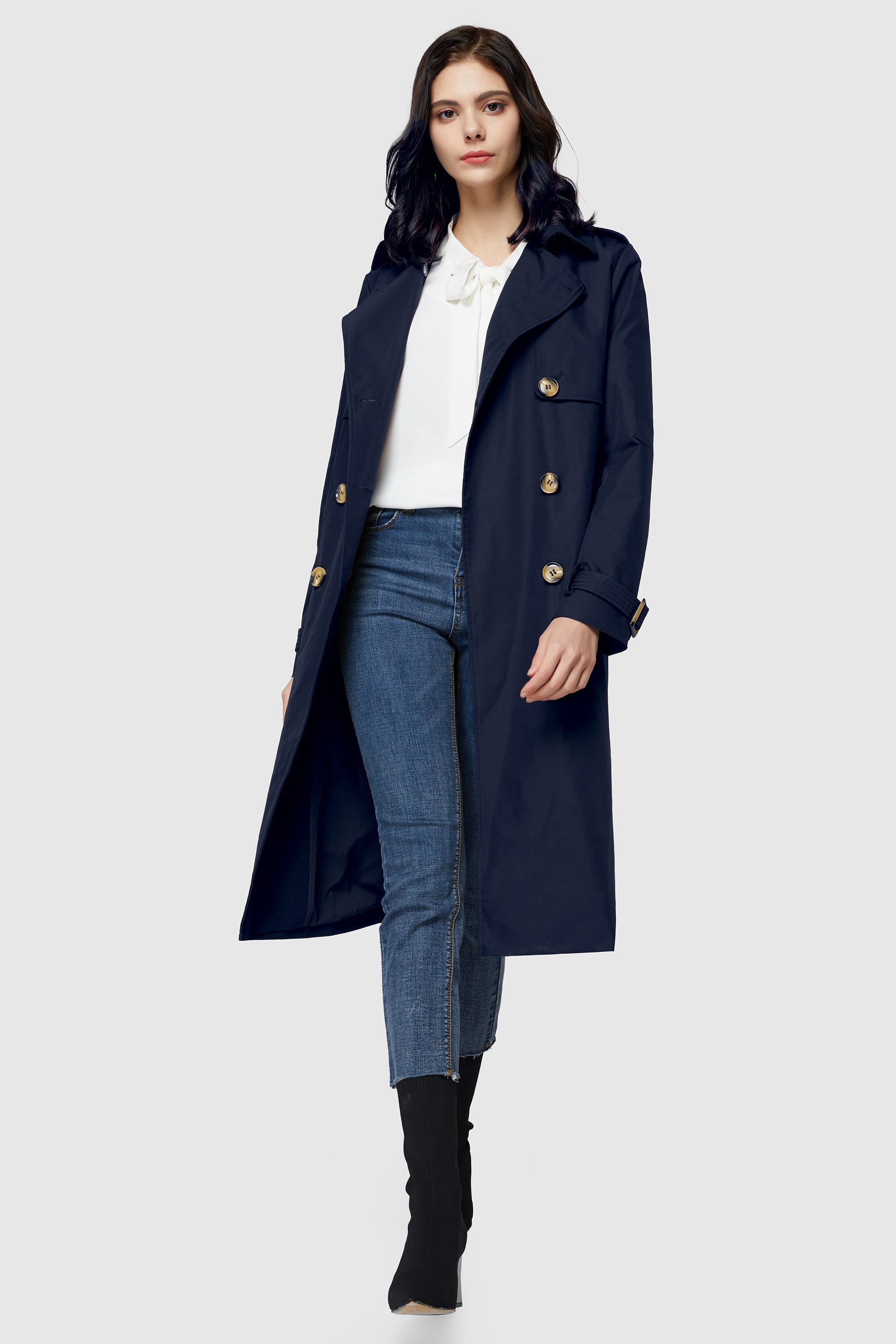 Orolay-3/4 Belted Double-Breasted Trench-women 3/4 Belted Double-Breasted Trench from Orolay #color_Beacon Blue