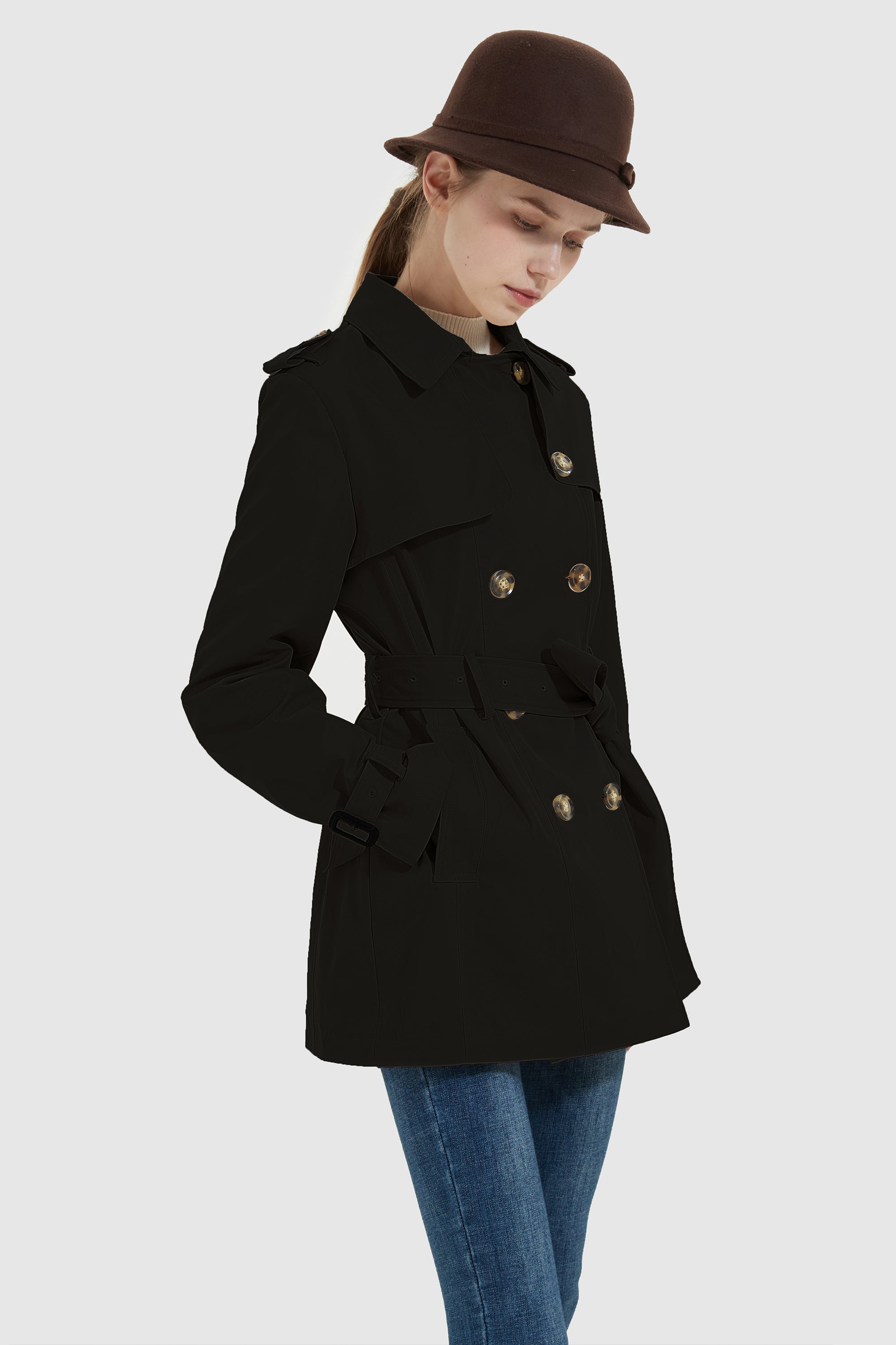 Orolay-3/4 Double-Breasted Short Trench-#color_Black