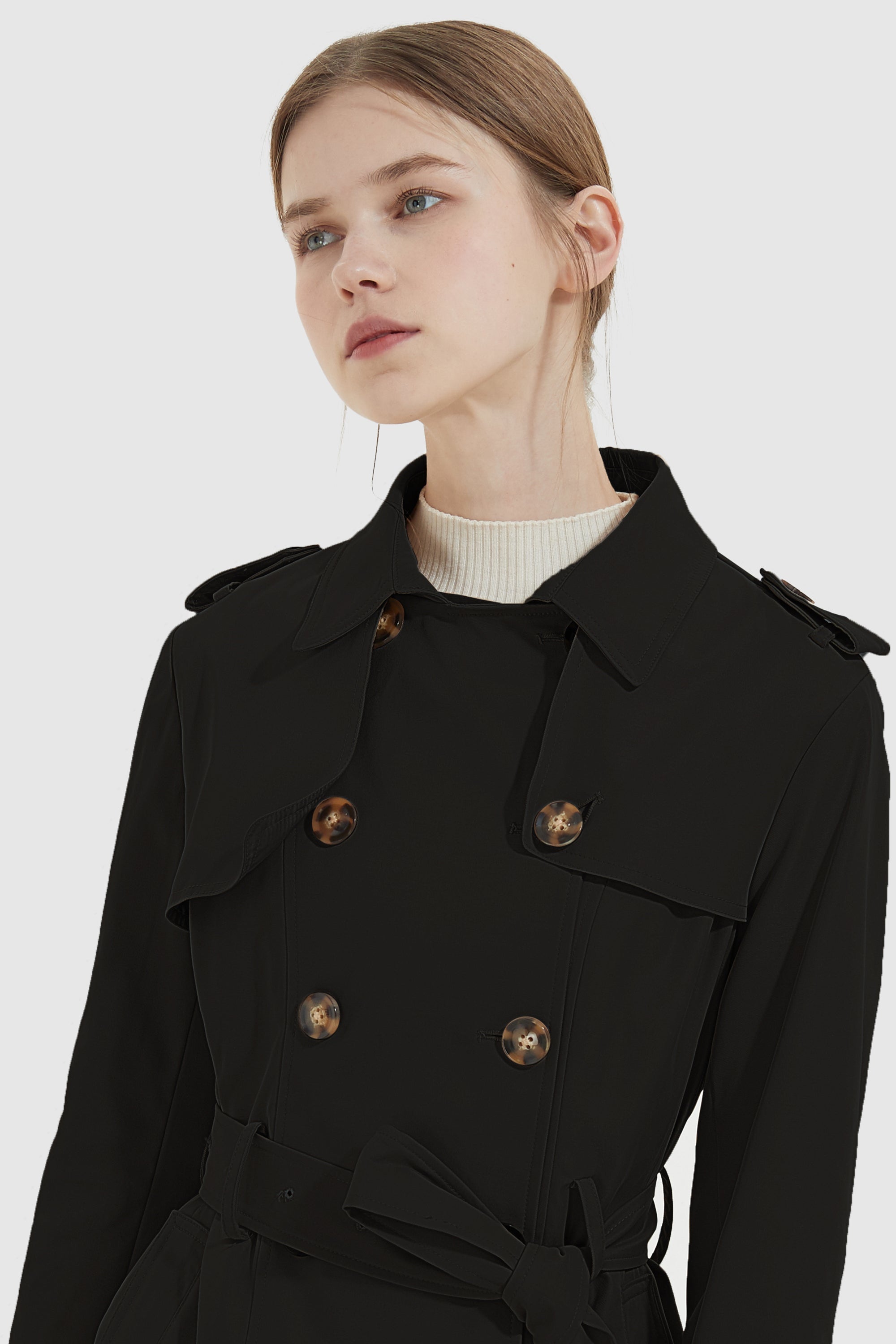 Orolay-3/4 Double-Breasted Short Trench-#color_Black