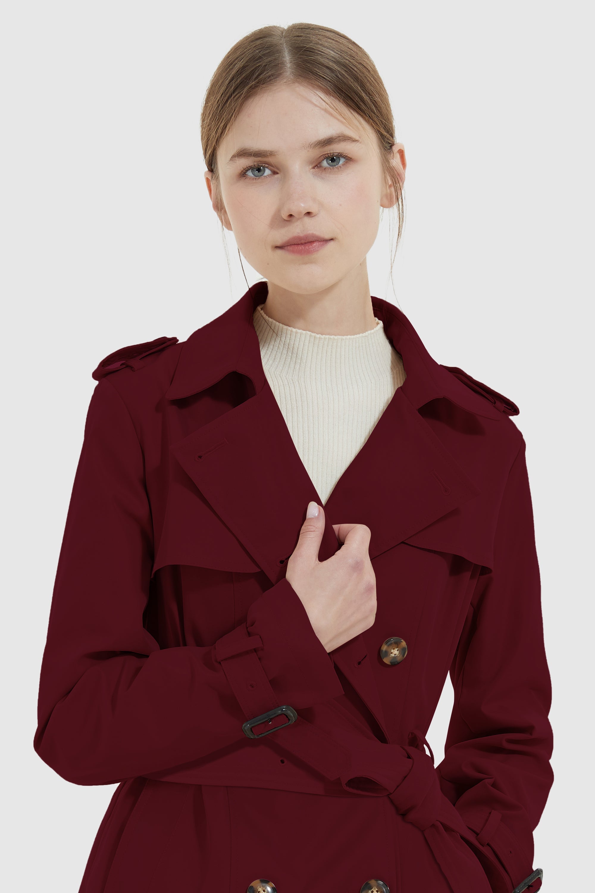 Orolay-3/4 Double-Breasted Short Trench-#color_Syrah