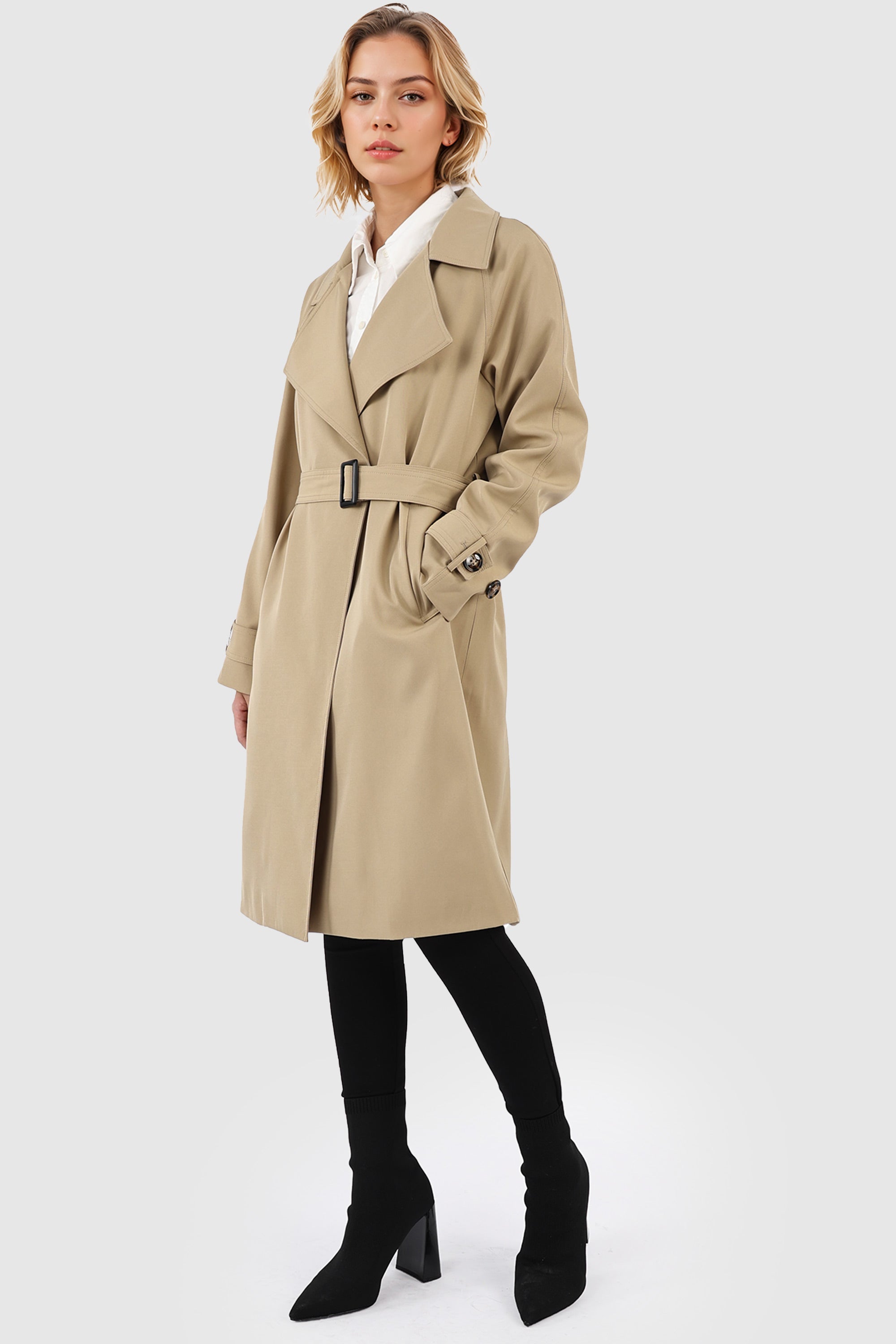 Orolay-Casual Belted Lapel Trench-#color_Khaki