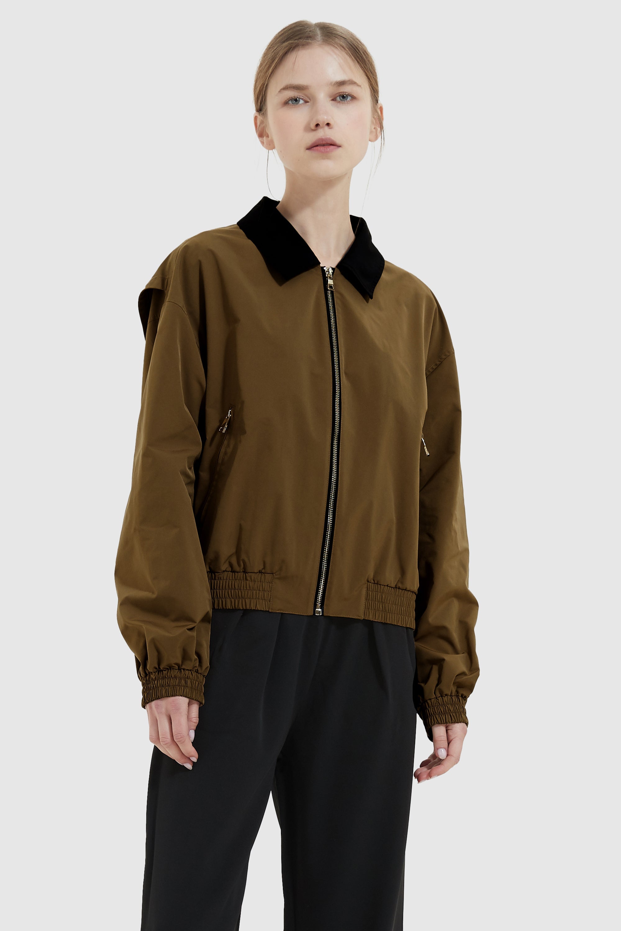 Orolay-Collared Bomber Jacket-#color_Bronze Brown