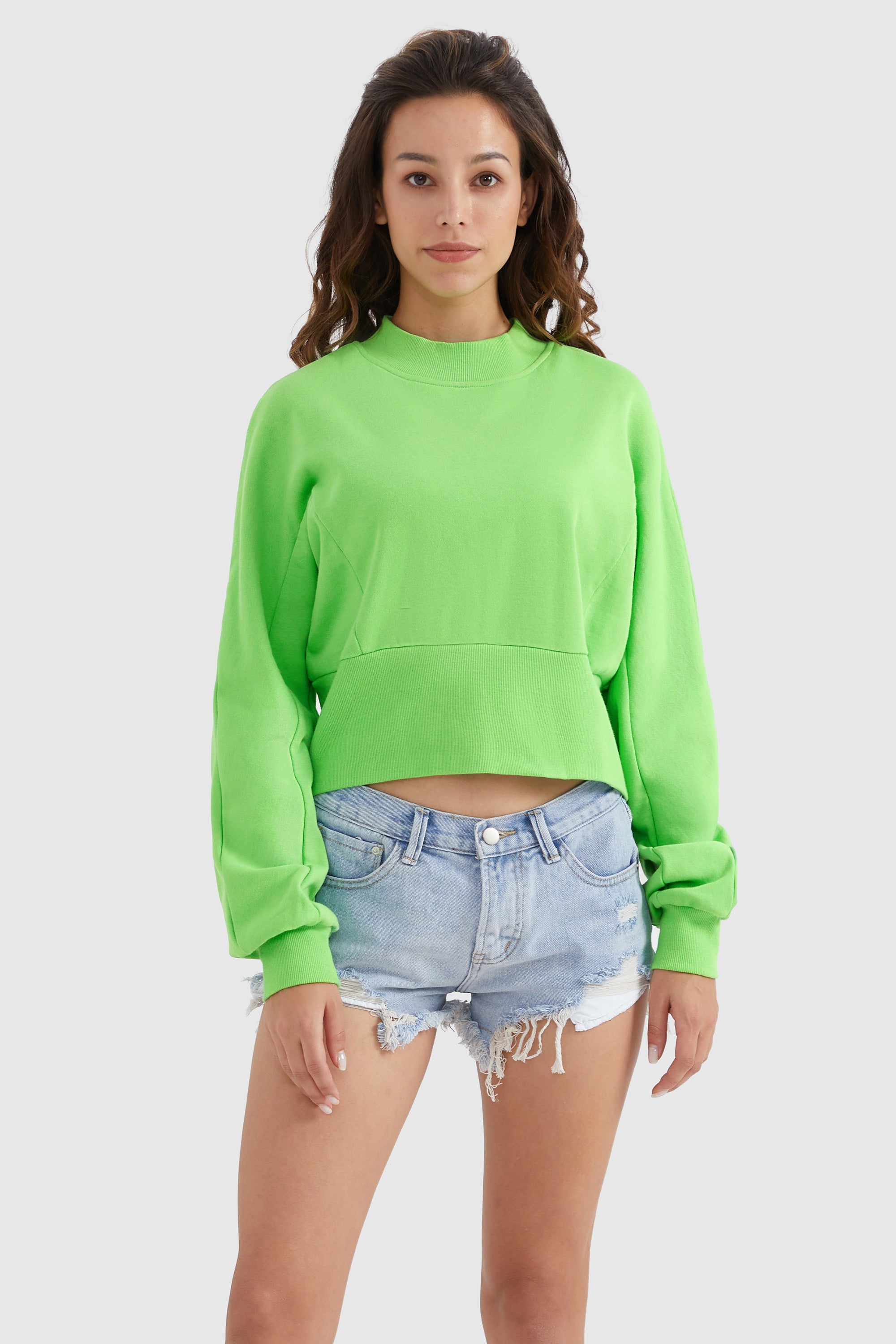 Orolay-Crewneck Drop Shoulder Cropped Sweatshirt-#color_Green Flash