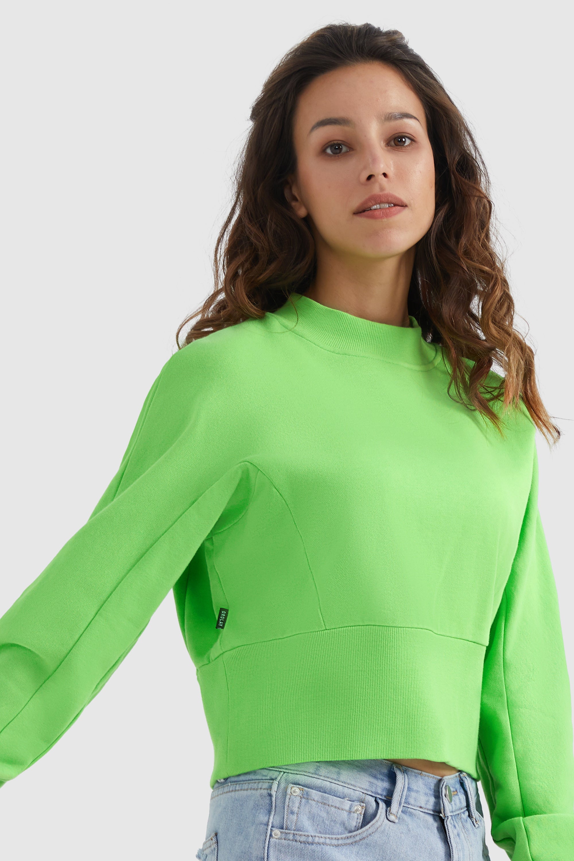 Orolay-Crewneck Drop Shoulder Cropped Sweatshirt-#color_Green Flash