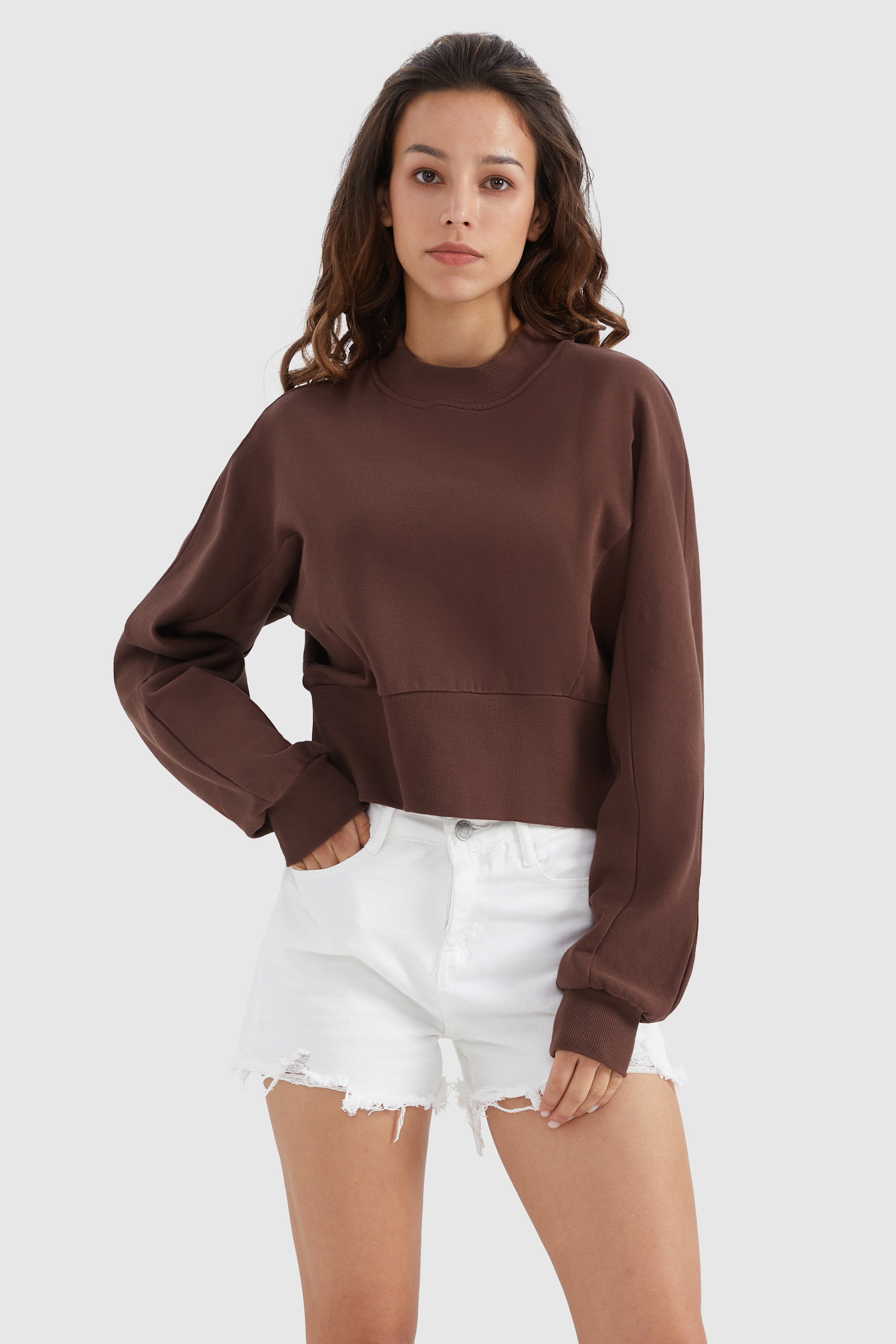 Orolay-Crewneck Drop Shoulder Cropped Sweatshirt-#color_Nuthatch