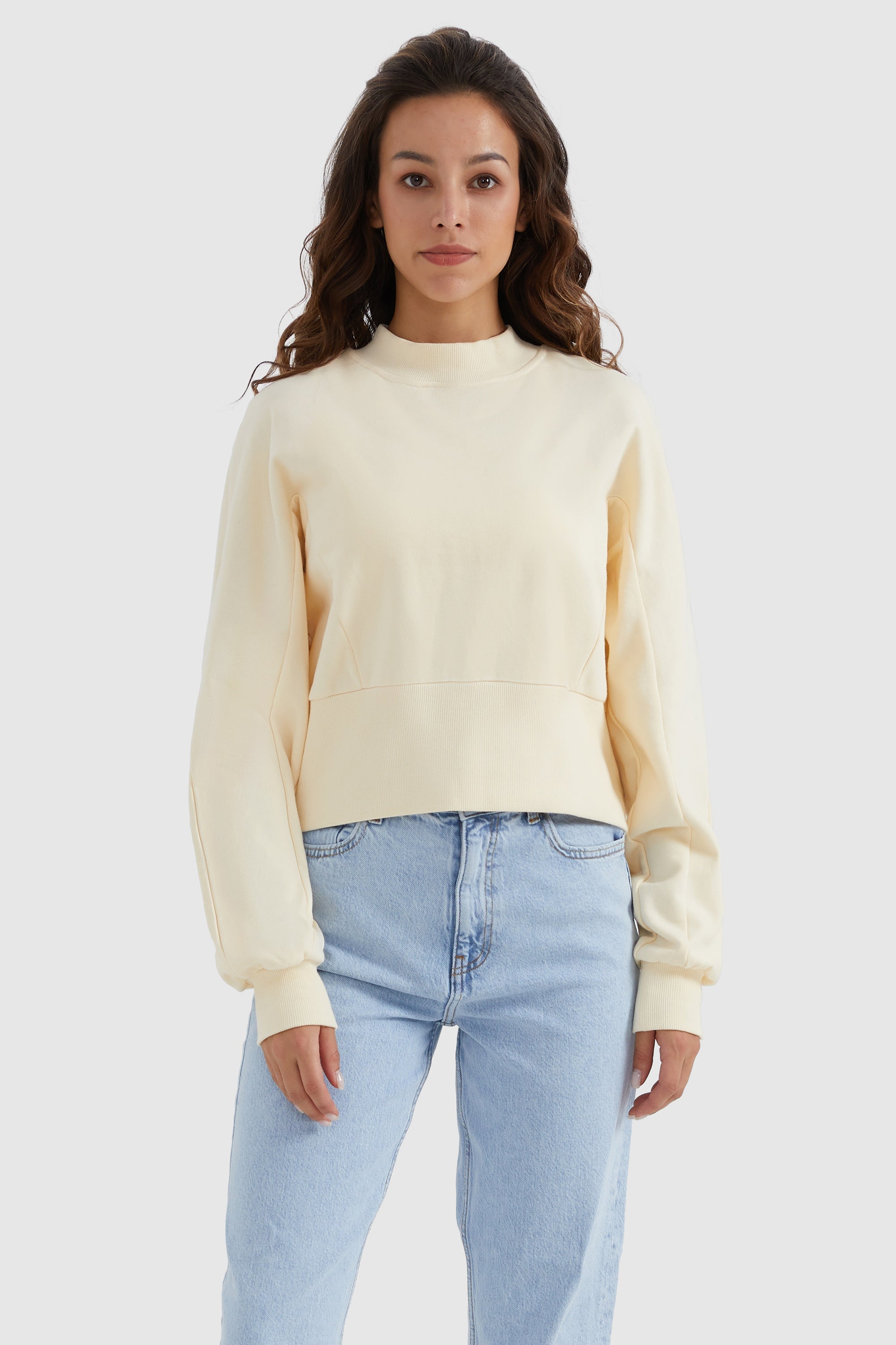 Orolay-Crewneck Drop Shoulder Cropped Sweatshirt-#color_Almond Oil