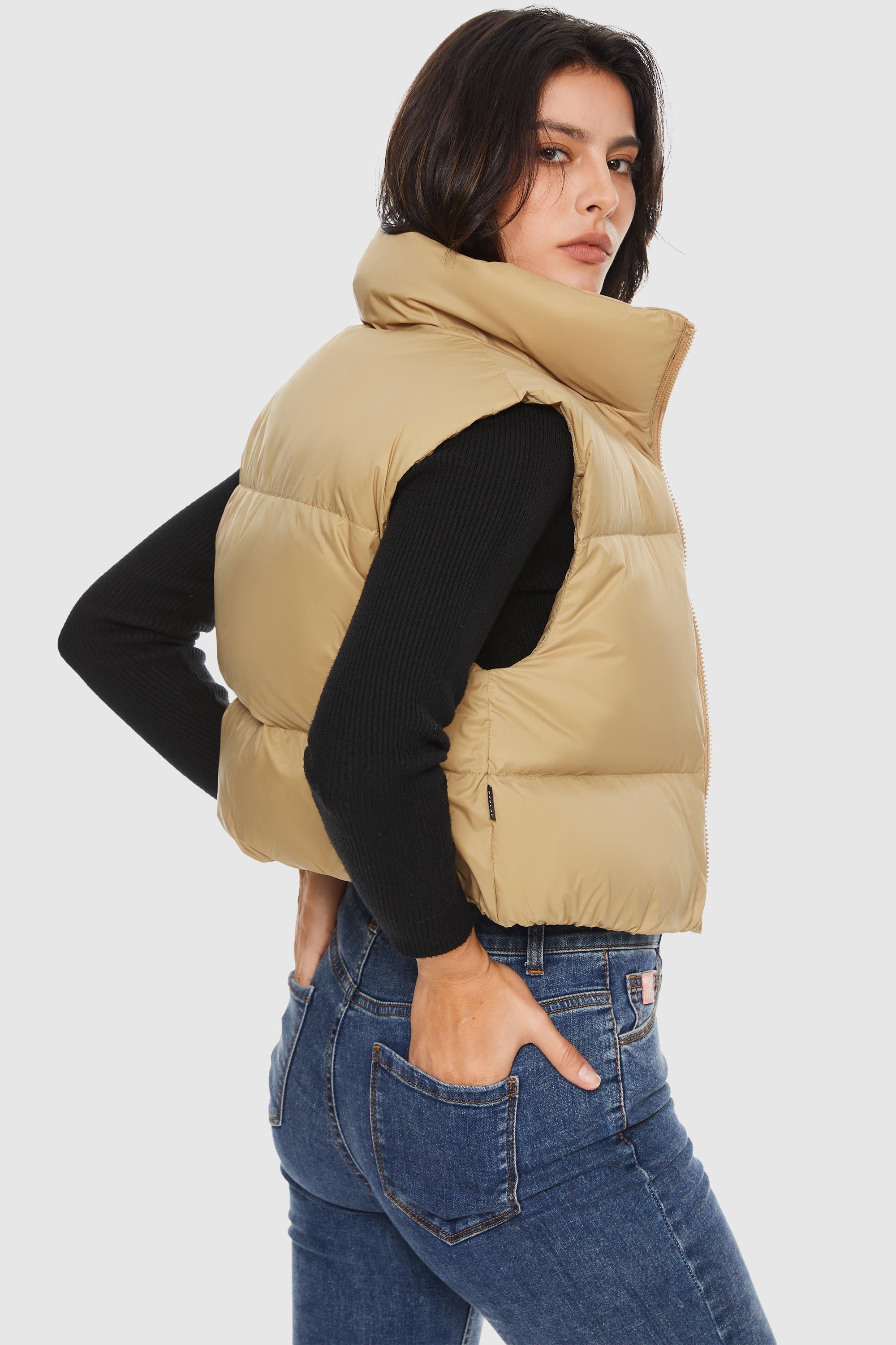 Orolay-Cropped Puffer Down Vest-#color_Sand