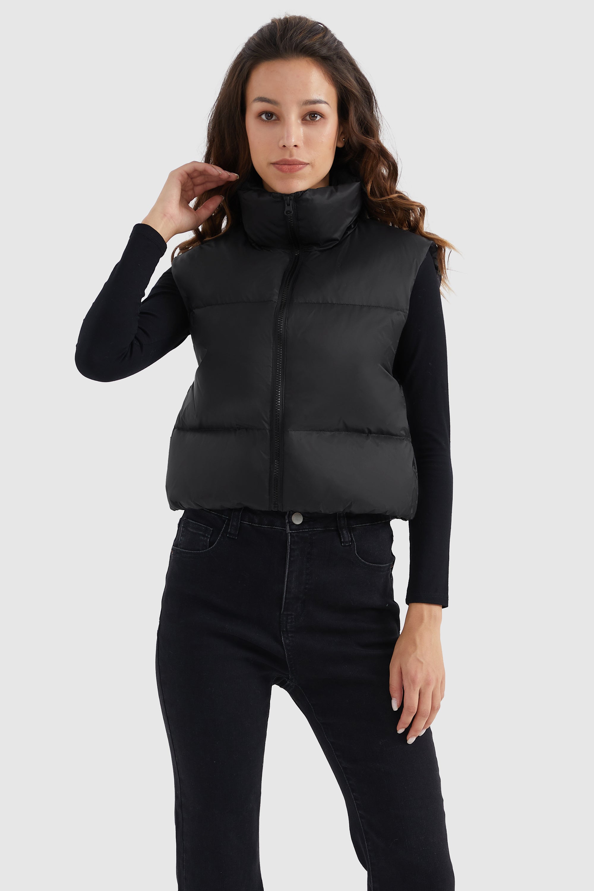 Orolay-Cropped Puffer Down Vest-#color_Black