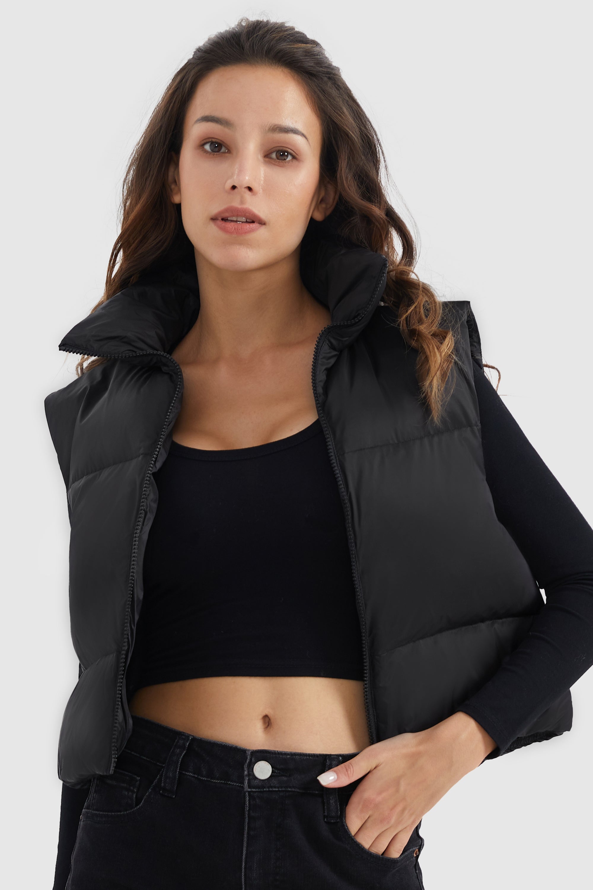 Orolay-Cropped Puffer Down Vest-#color_Black