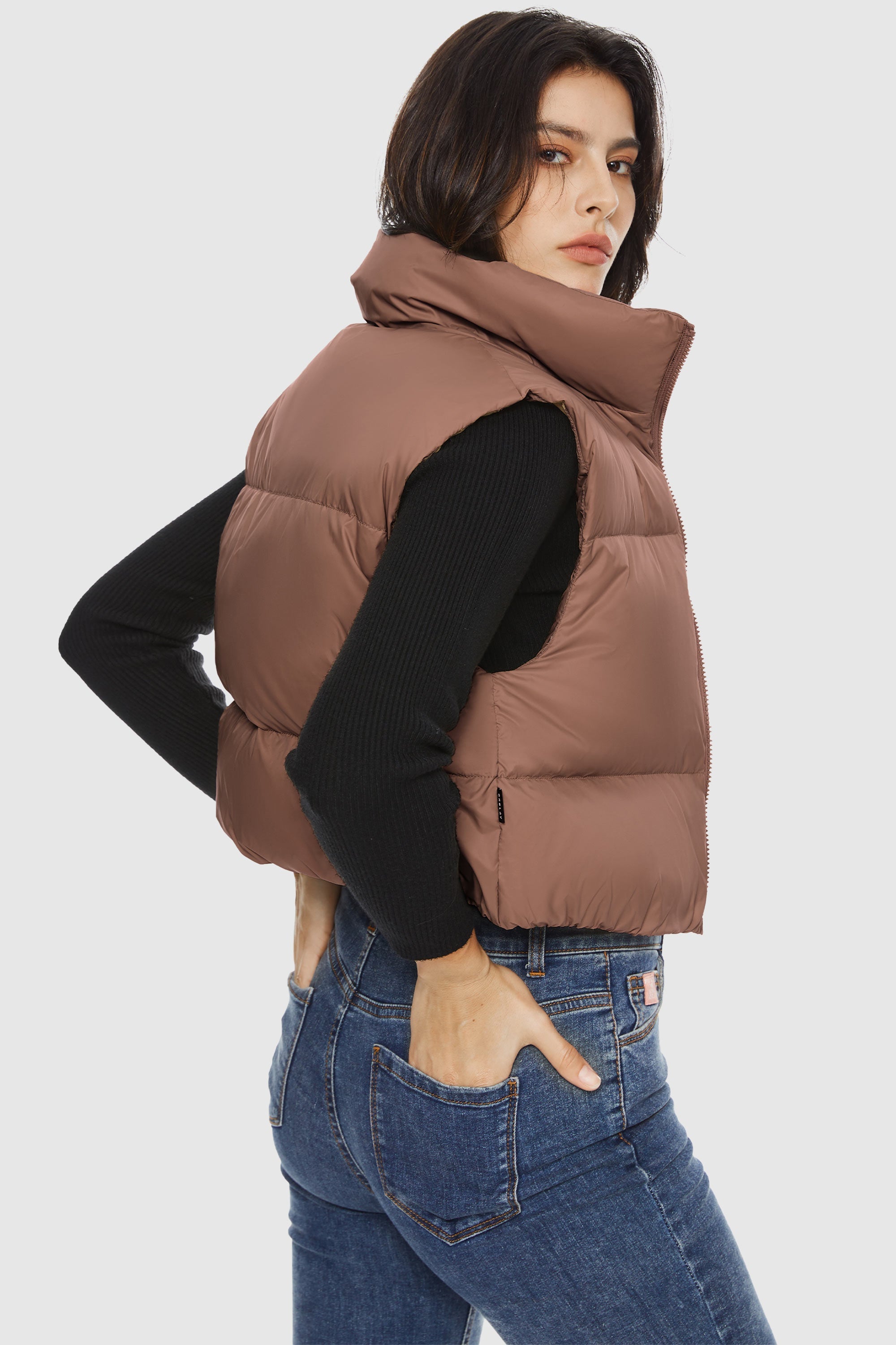 Orolay-Cropped Puffer Down Vest-#color_Bombay Brown