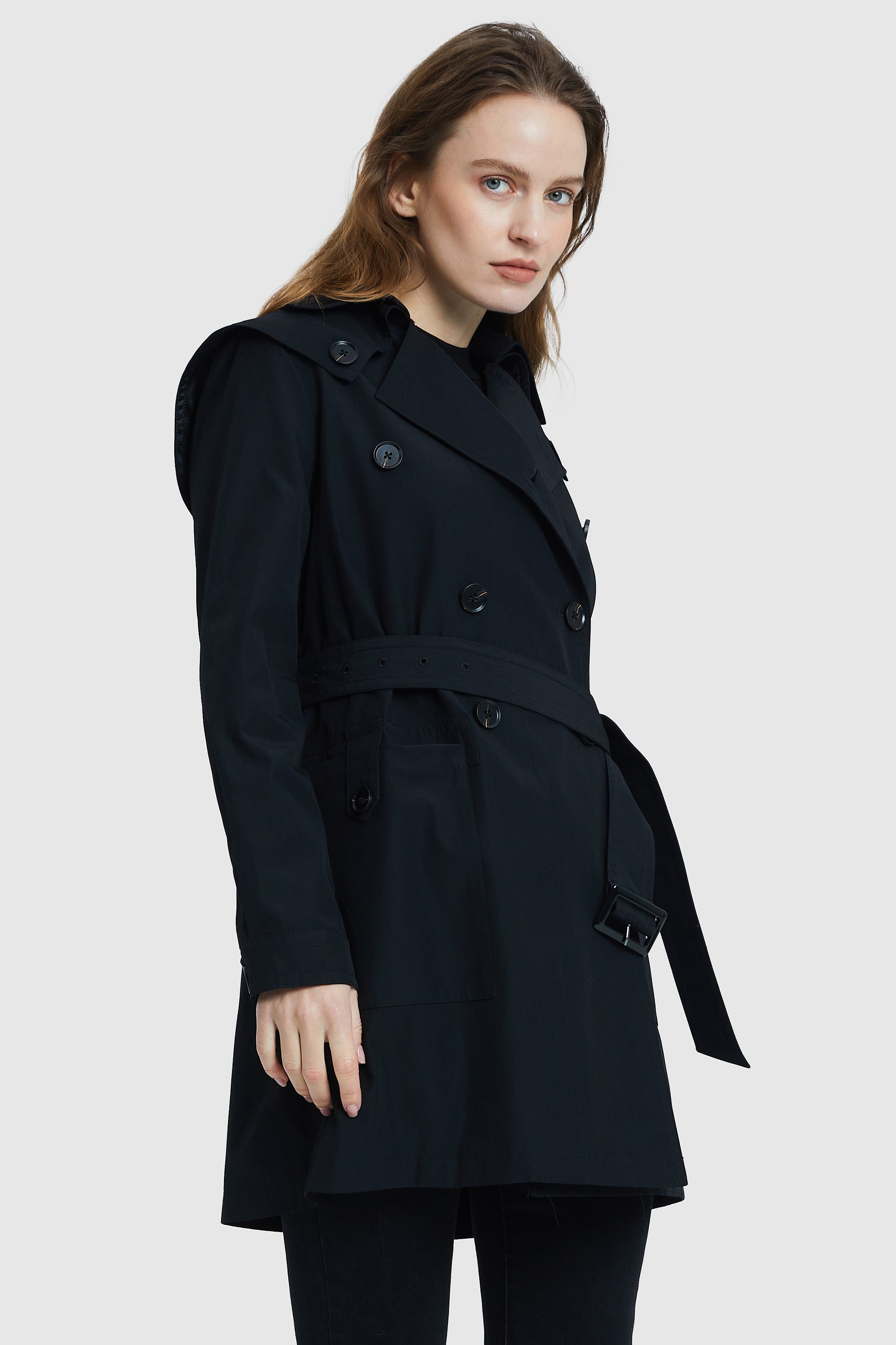 Orolay-Double-Breasted Belted Lapel Trench-#color_Black