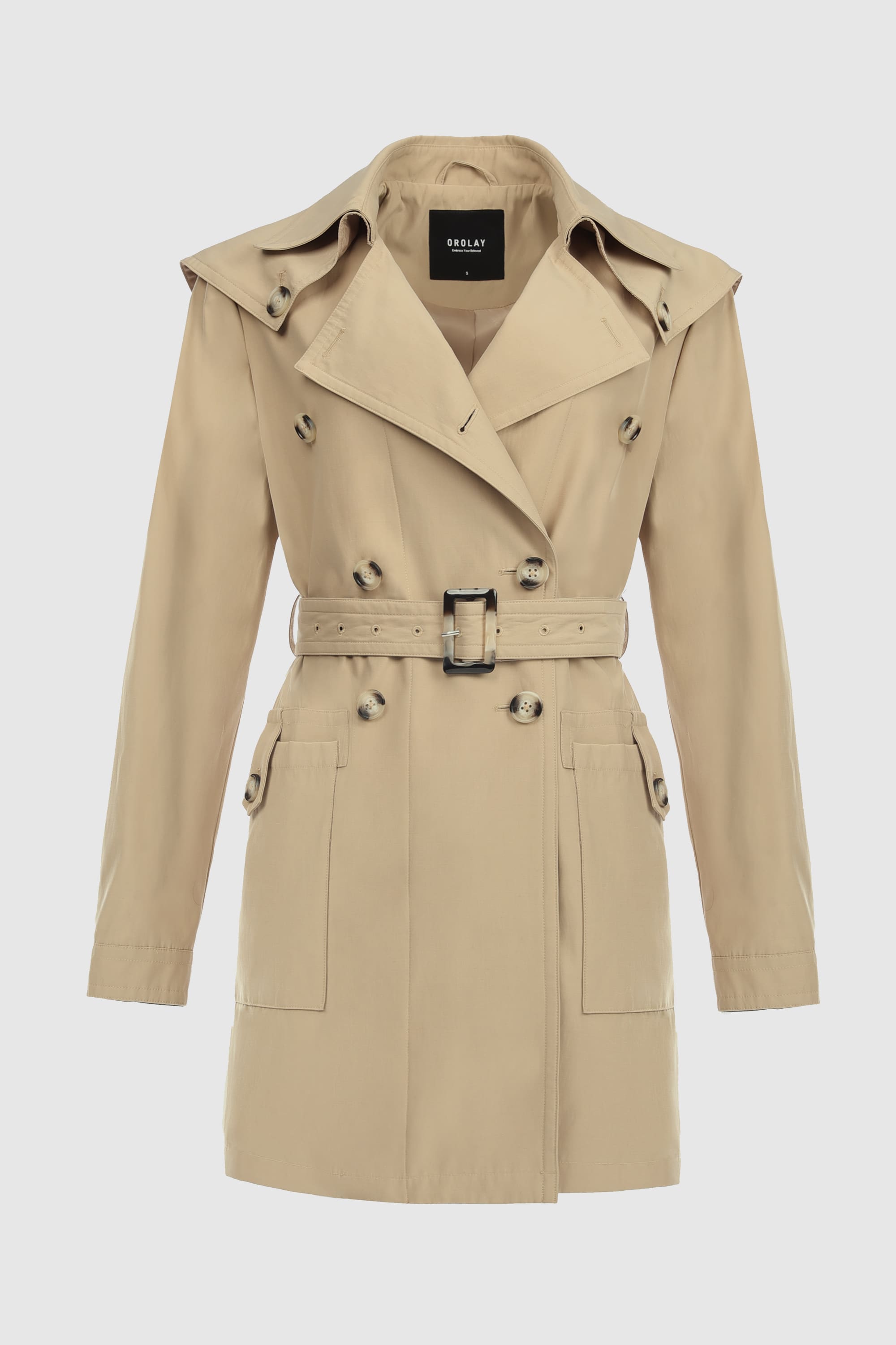 Orolay-Double-Breasted Belted Lapel Trench-#color_Frosted Almond