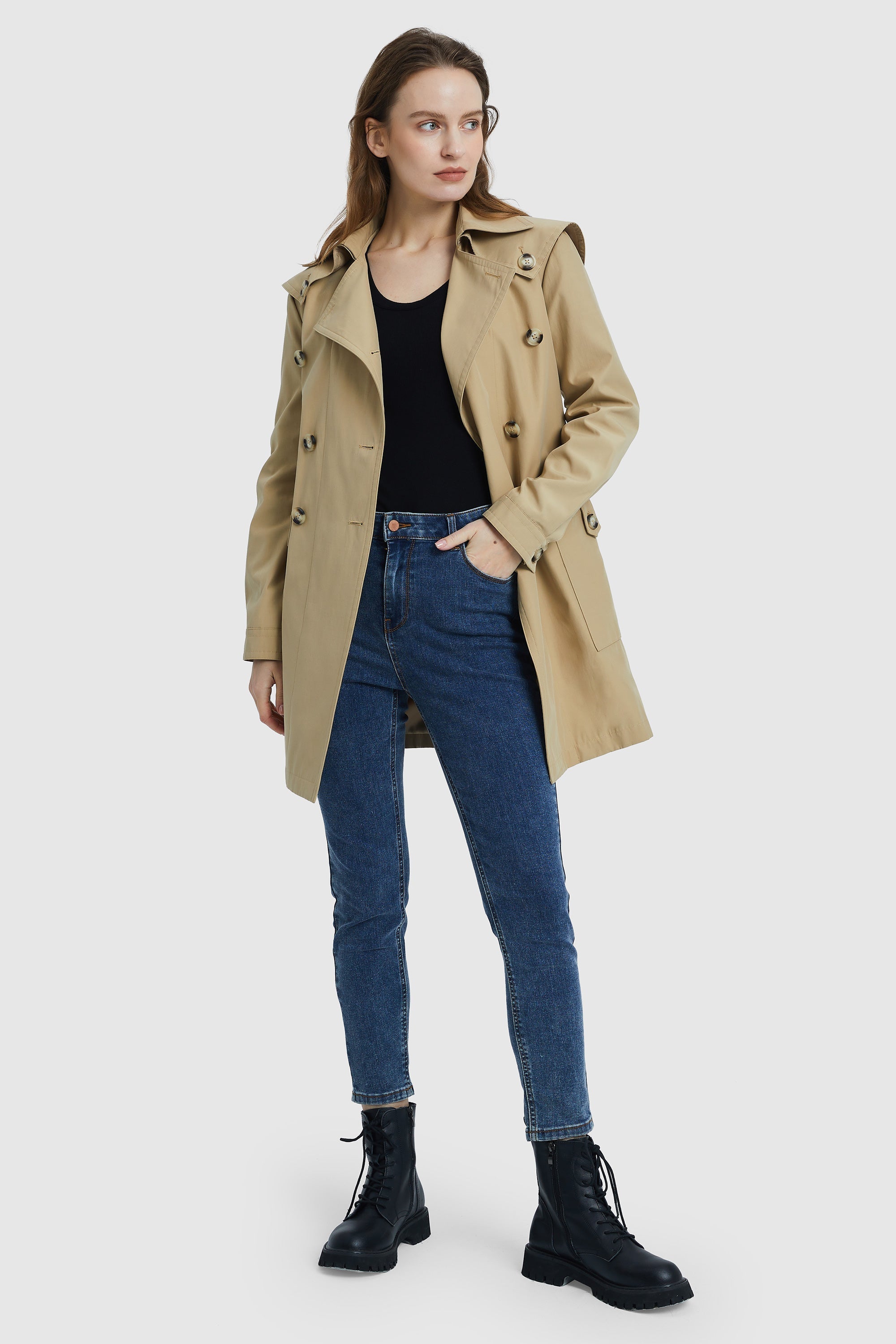 Orolay-Double-Breasted Belted Lapel Trench-#color_Frosted Almond