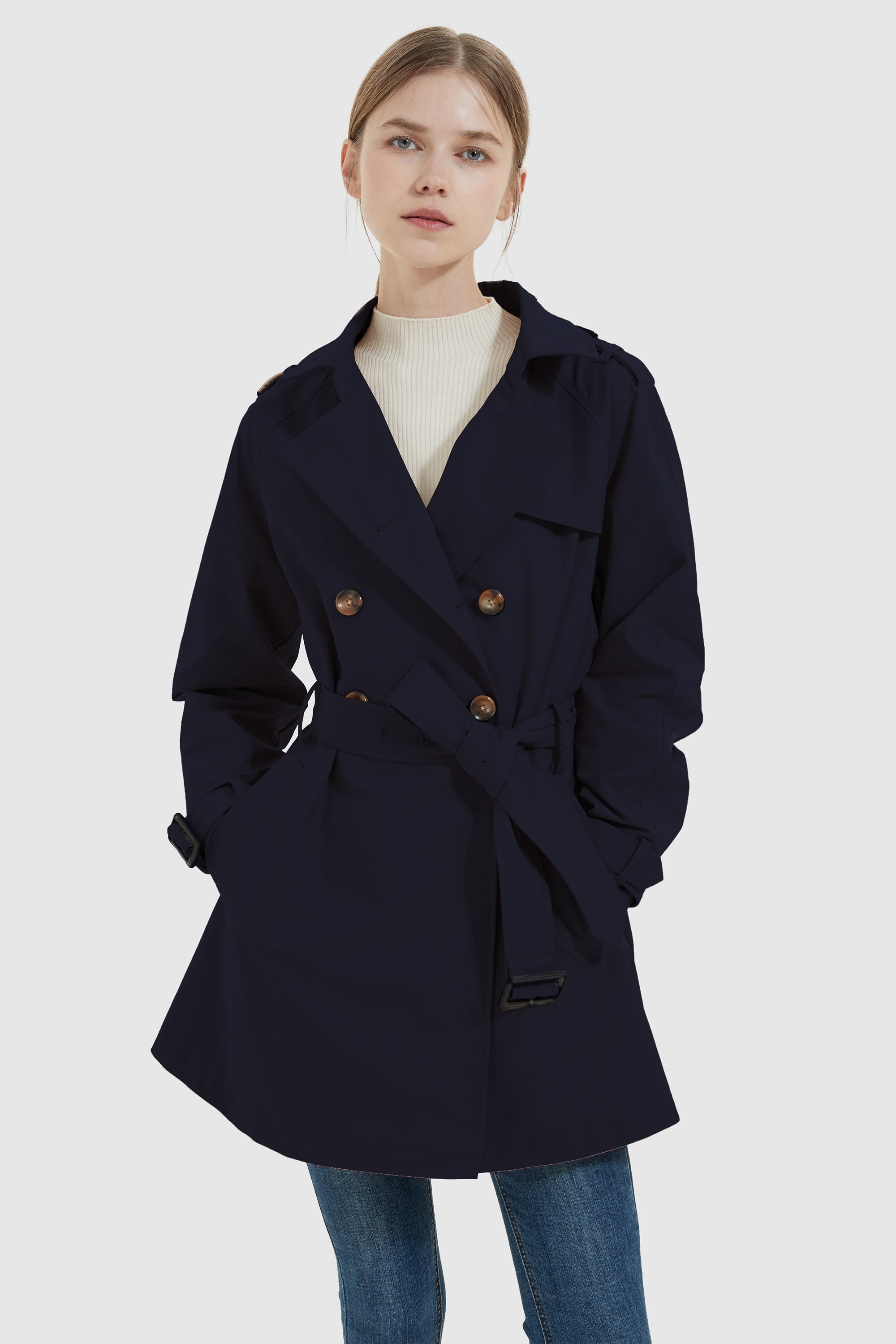 Orolay-Double-Breasted Short Belted Trench-#color_Night Sky