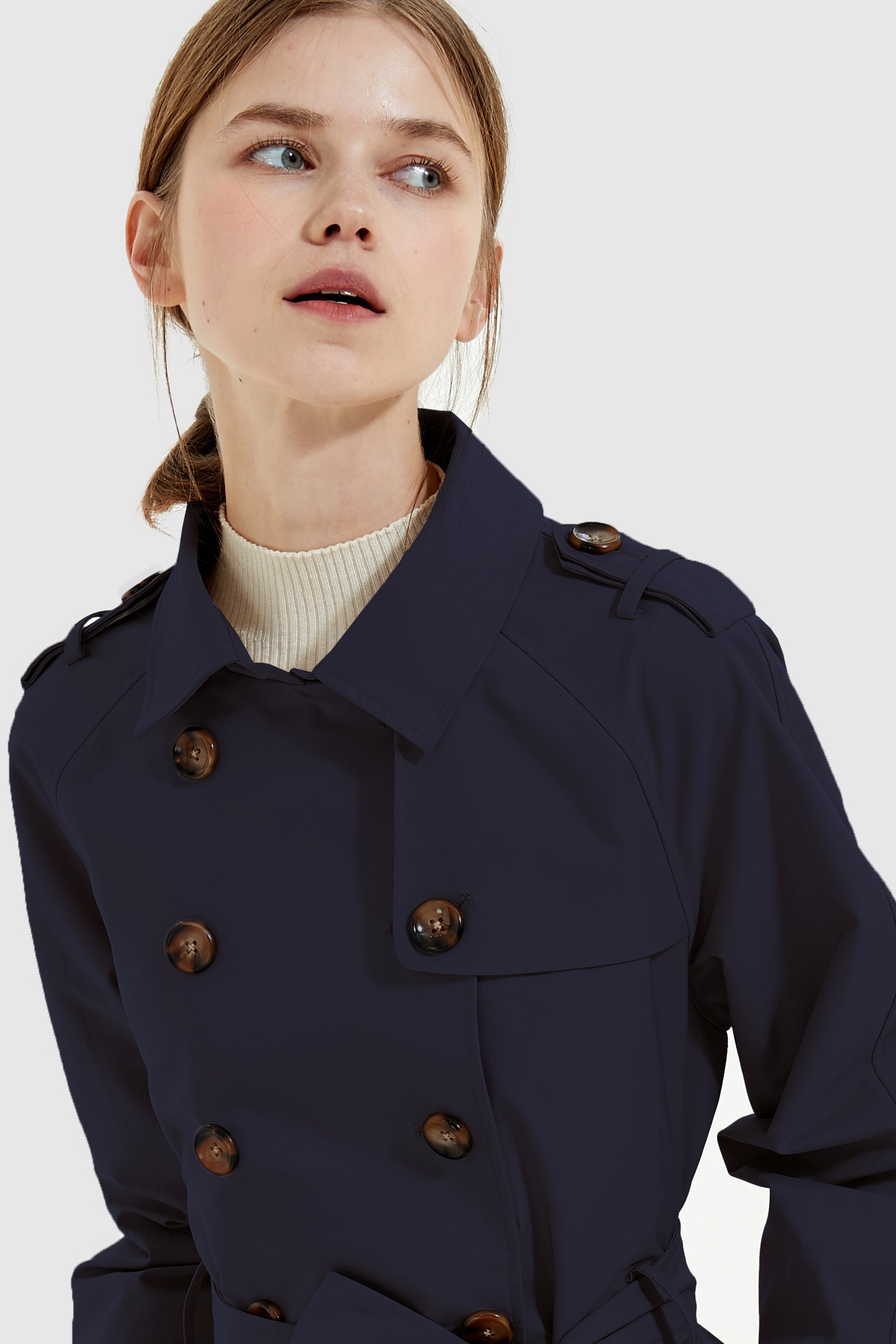 Orolay-Double-Breasted Short Belted Trench-#color_Night Sky