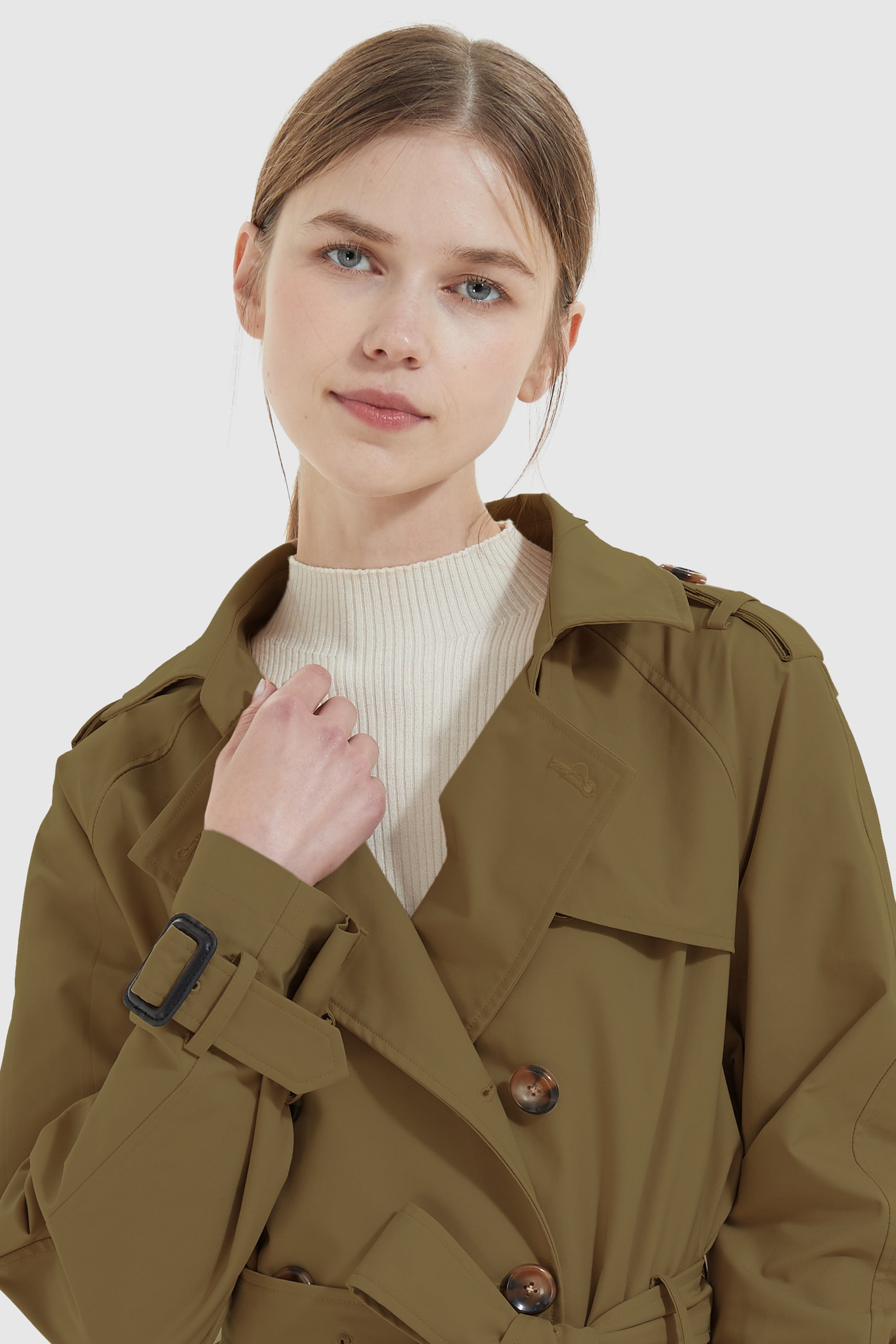 Orolay-Double-Breasted Short Belted Trench-#color_Breen