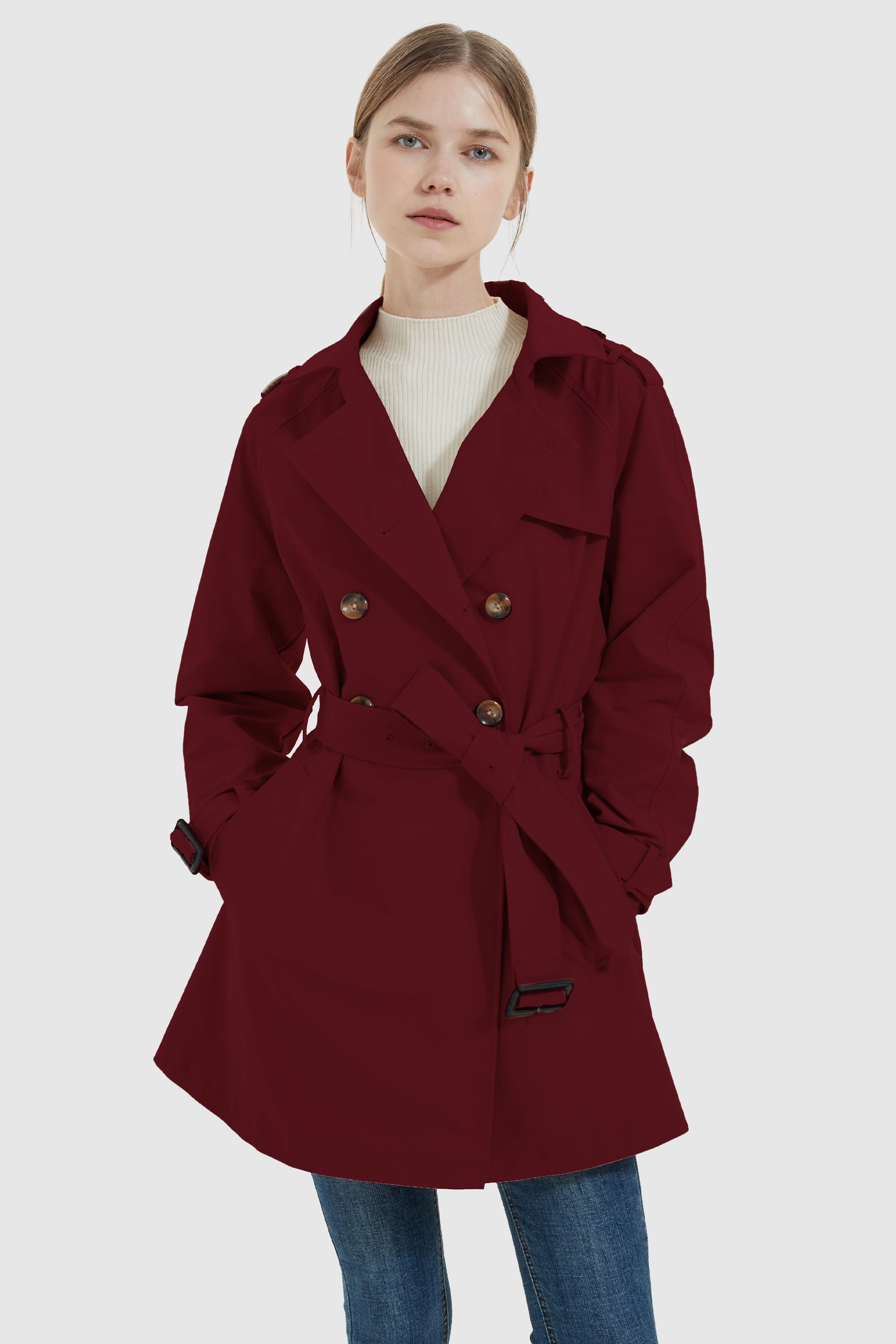 Orolay-Double-Breasted Short Belted Trench-#color_Syrah