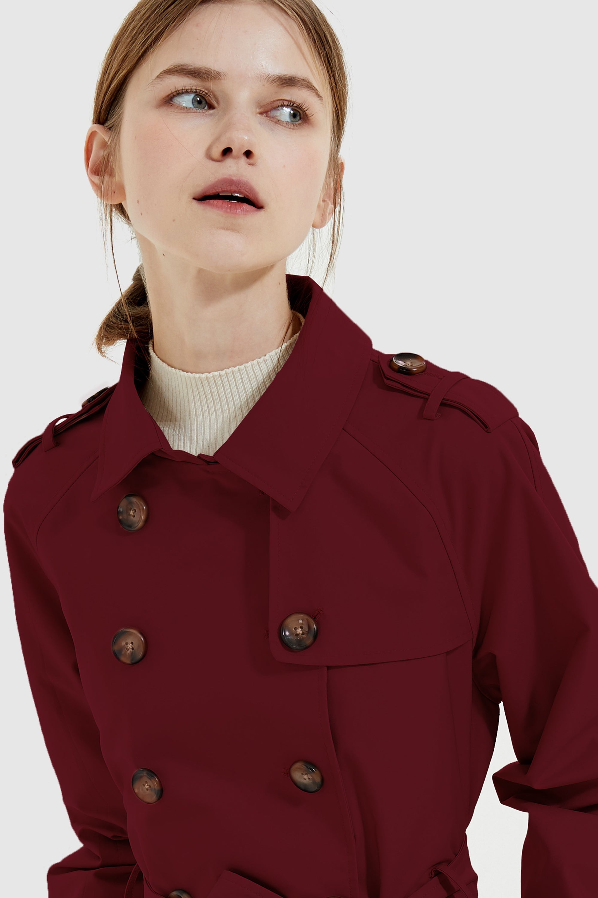 Orolay-Double-Breasted Short Belted Trench-#color_Syrah