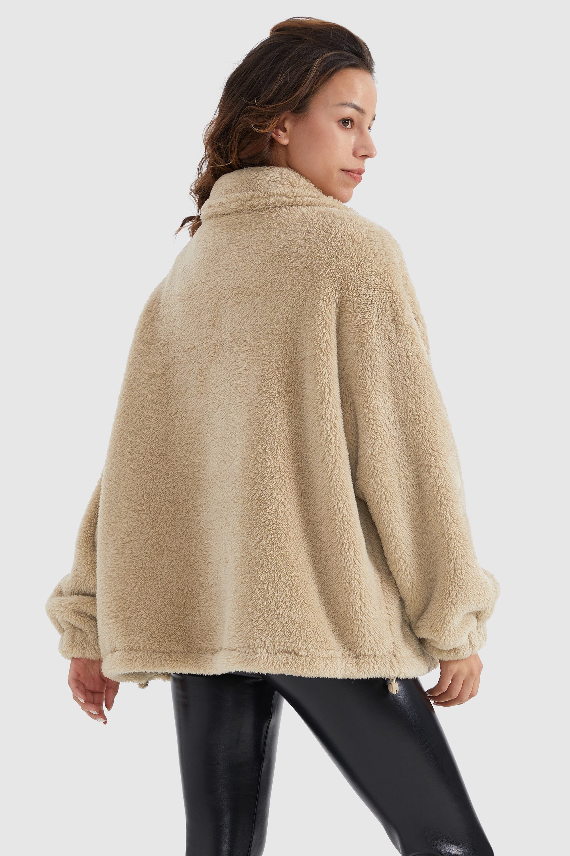 Orolay-Drawstring Hem Fleece Zip-Up-#color_Sand