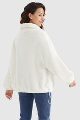 Orolay-Drawstring Hem Fleece Zip-Up-#color_White