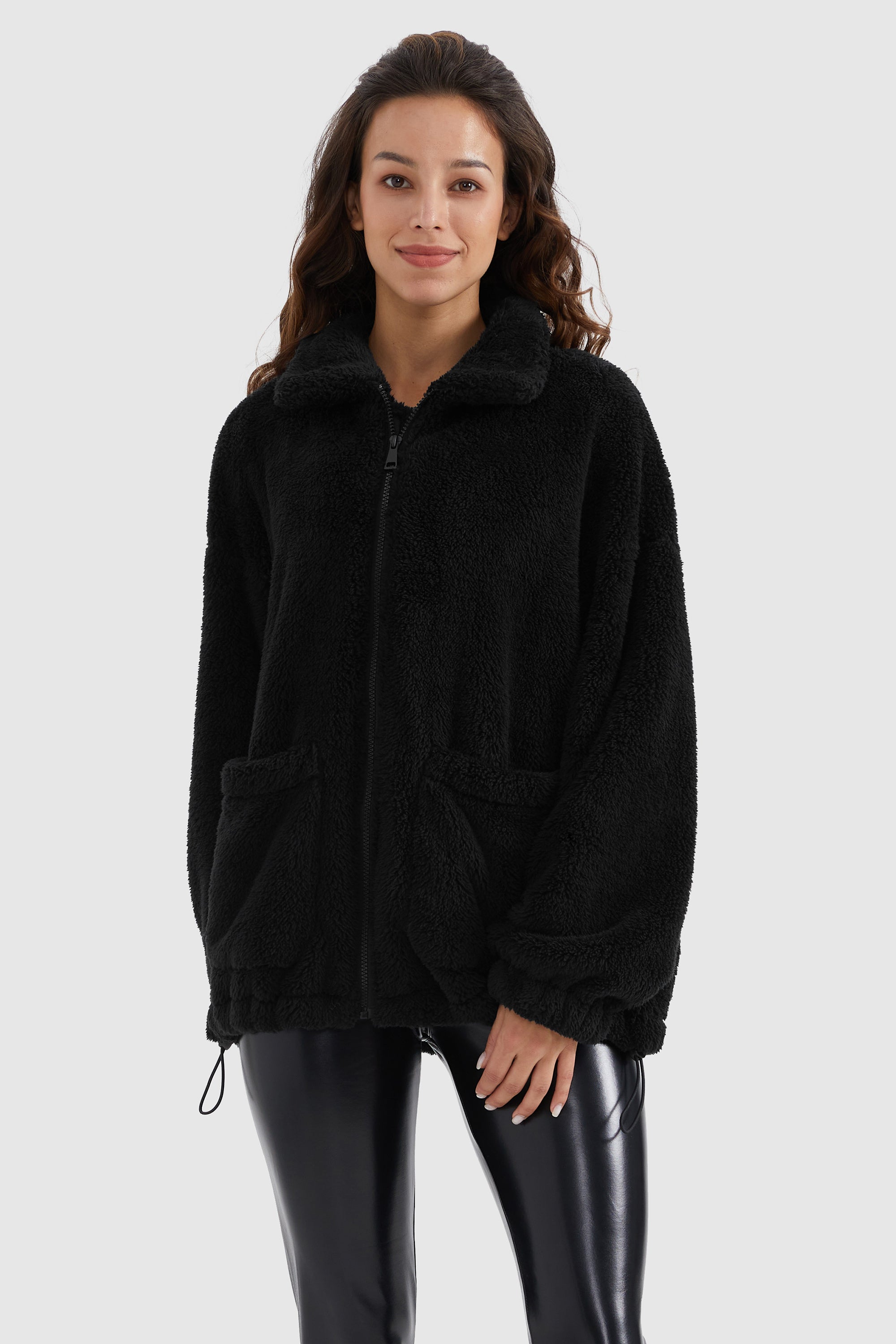 Orolay-Drawstring Hem Fleece Zip-Up-#color_Black