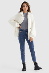 Orolay-Drawstring Hem Fleece Zip-Up-#color_White