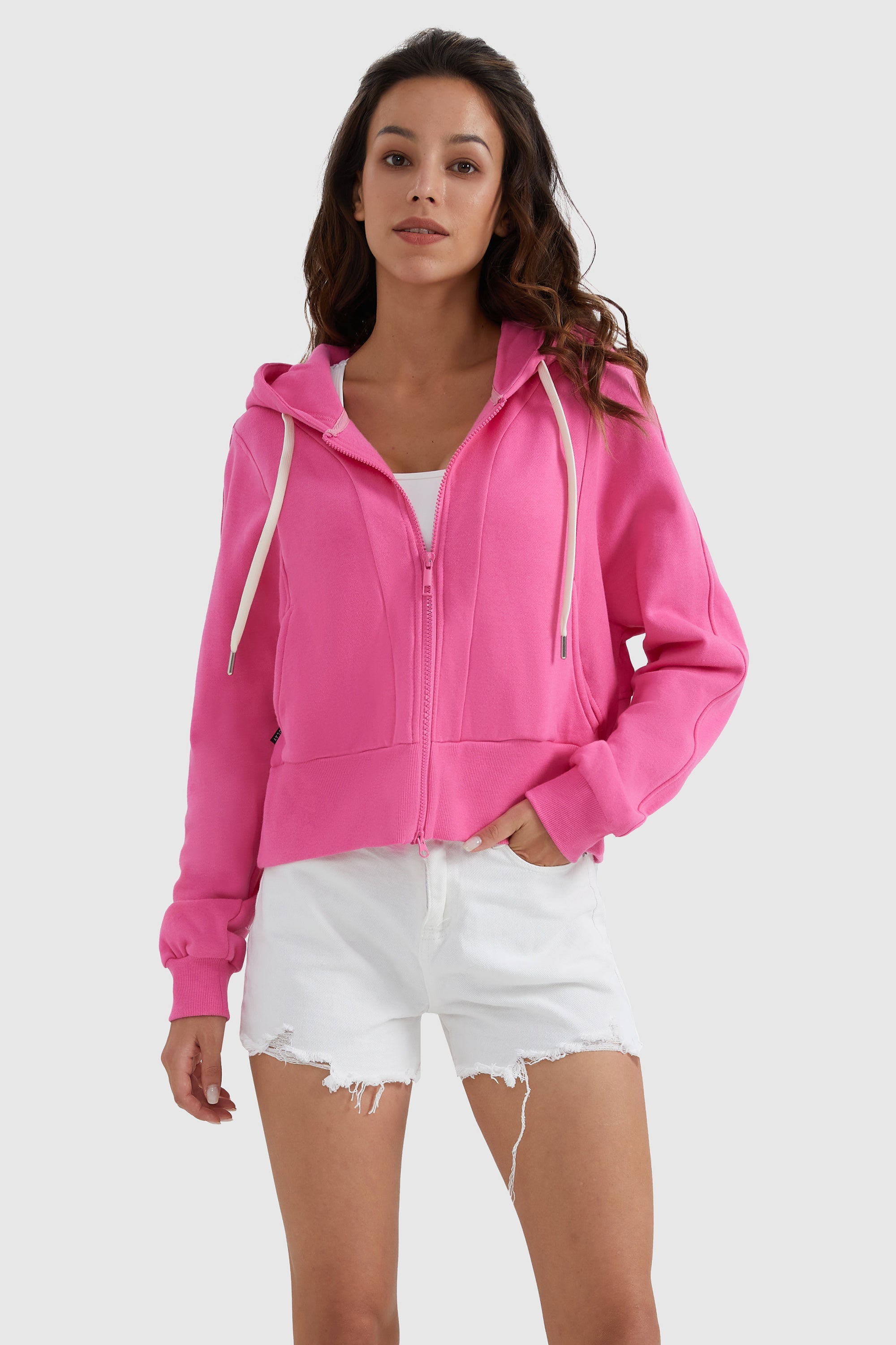 Orolay-Drawstring Hooded Cropped Sweatshirt-#color_Pink Cosmos