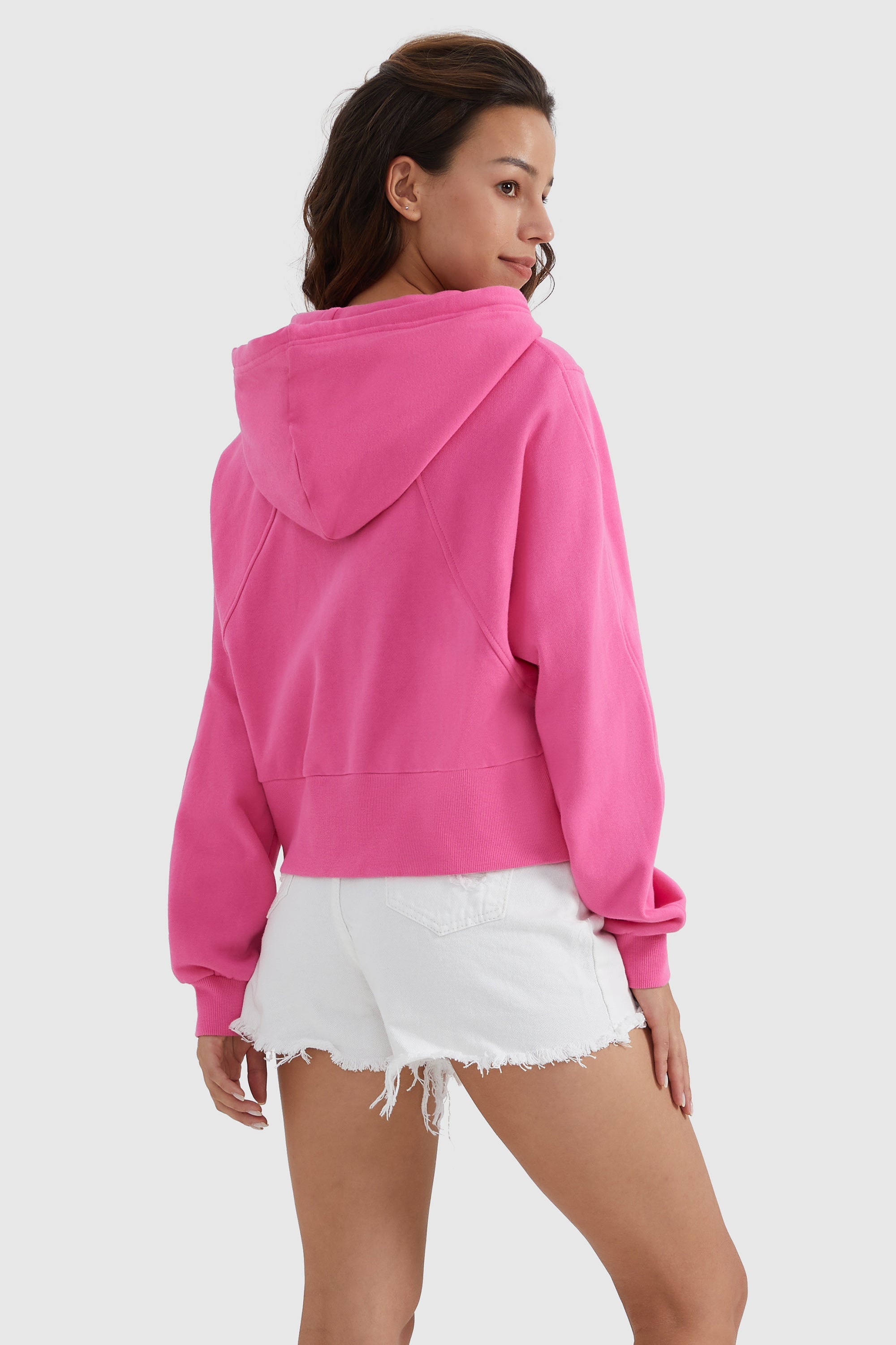 Orolay-Drawstring Hooded Cropped Sweatshirt-#color_Pink Cosmos