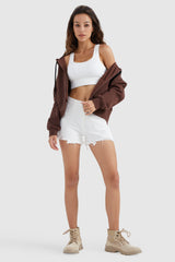 Orolay-Drawstring Hooded Cropped Sweatshirt-#color_Nuthatch