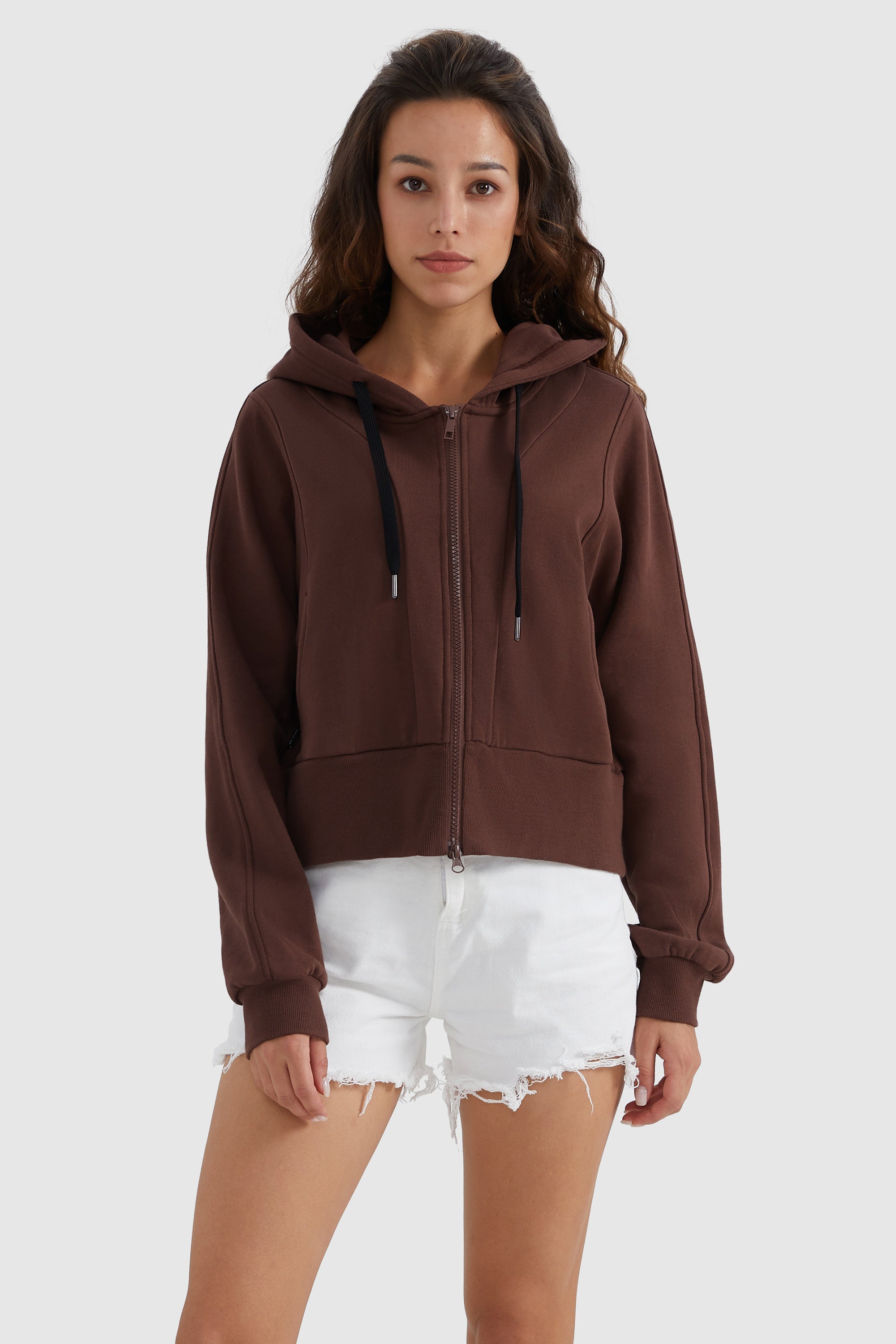 Orolay-Drawstring Hooded Cropped Sweatshirt-#color_Nuthatch