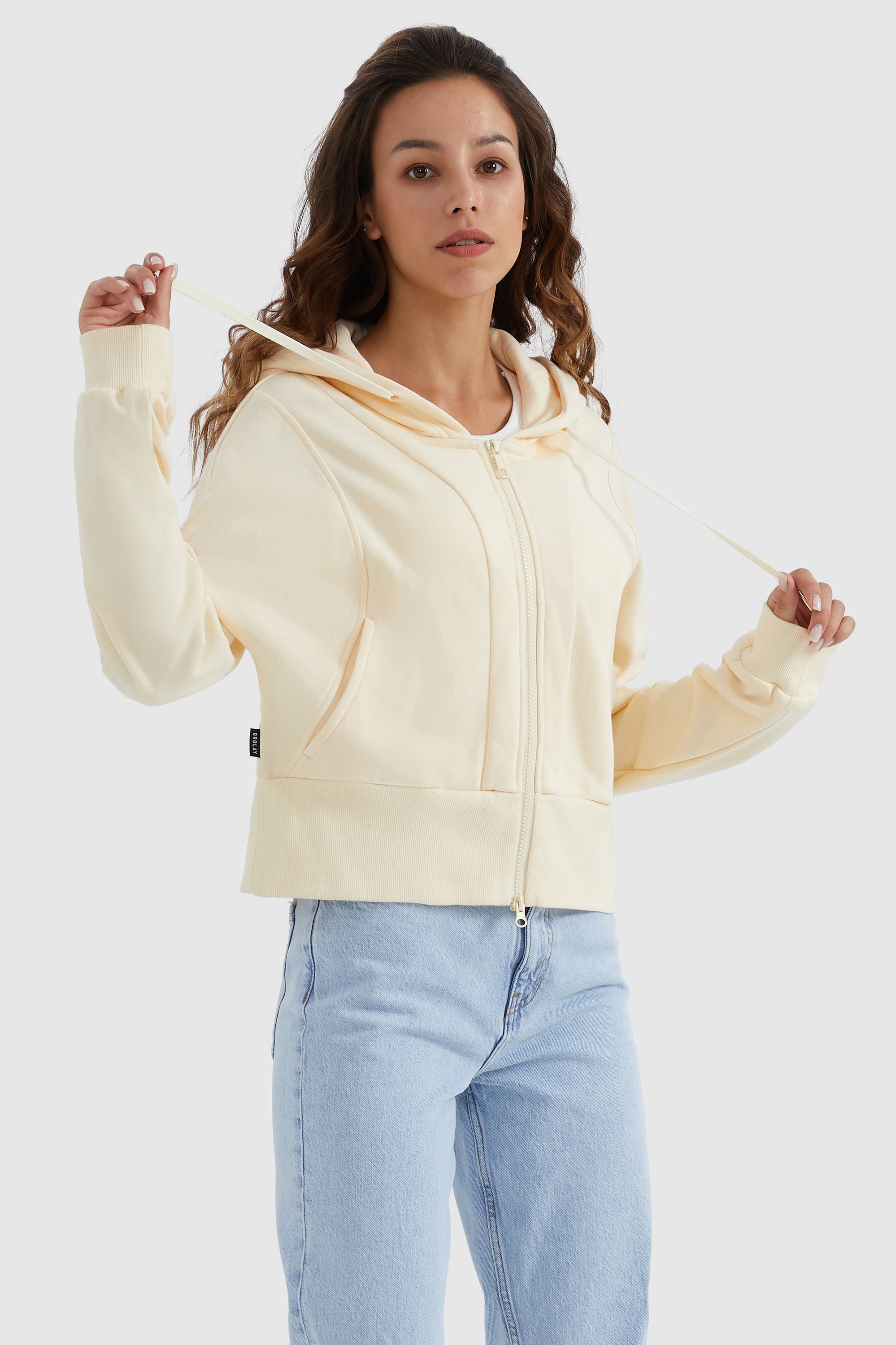 Orolay-Drawstring Hooded Cropped Sweatshirt-#color_Almond Oil