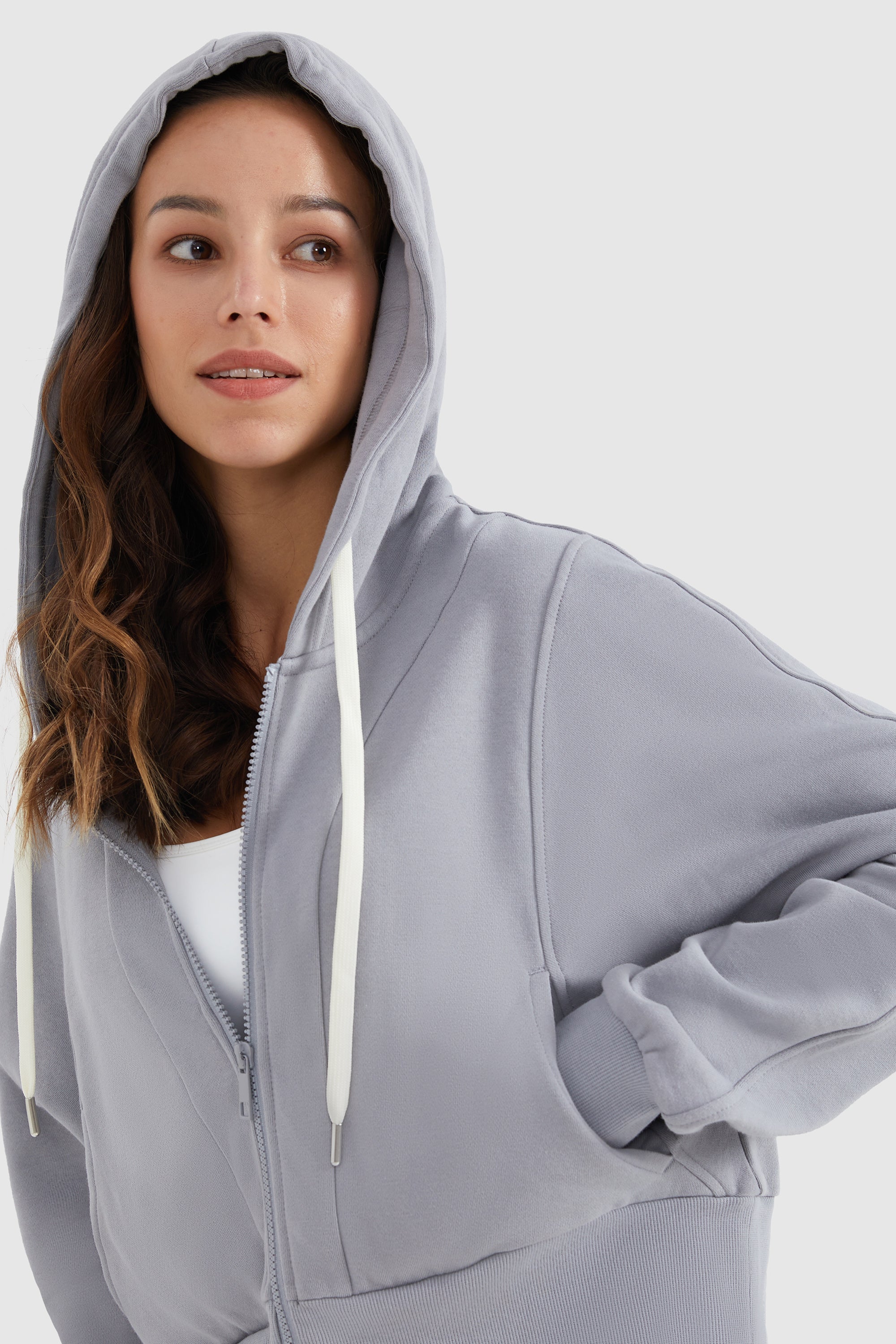 Orolay-Drawstring Hooded Cropped Sweatshirt-#color_Gull Gray