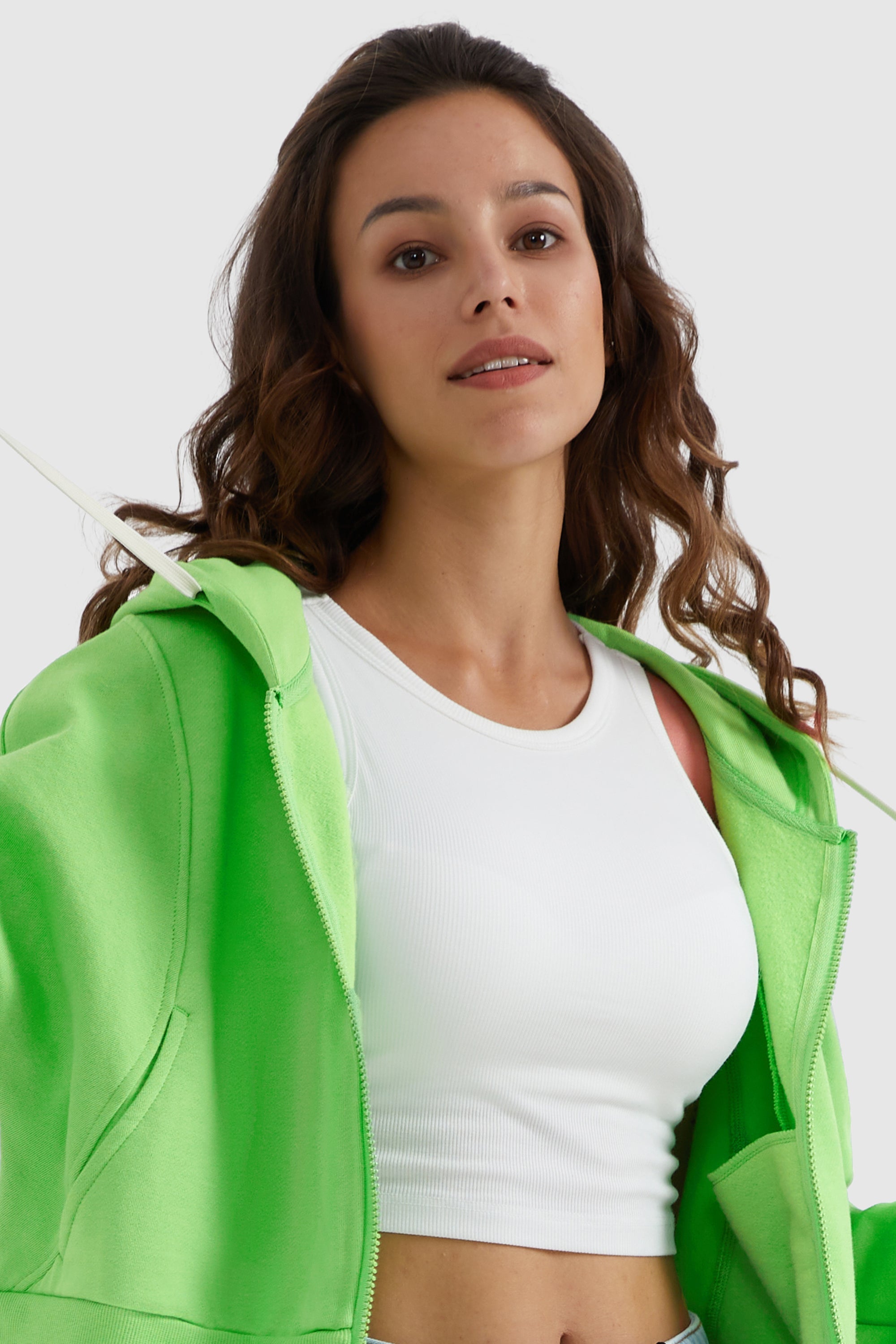 Orolay-Drawstring Hooded Cropped Sweatshirt-#color_Green Flash