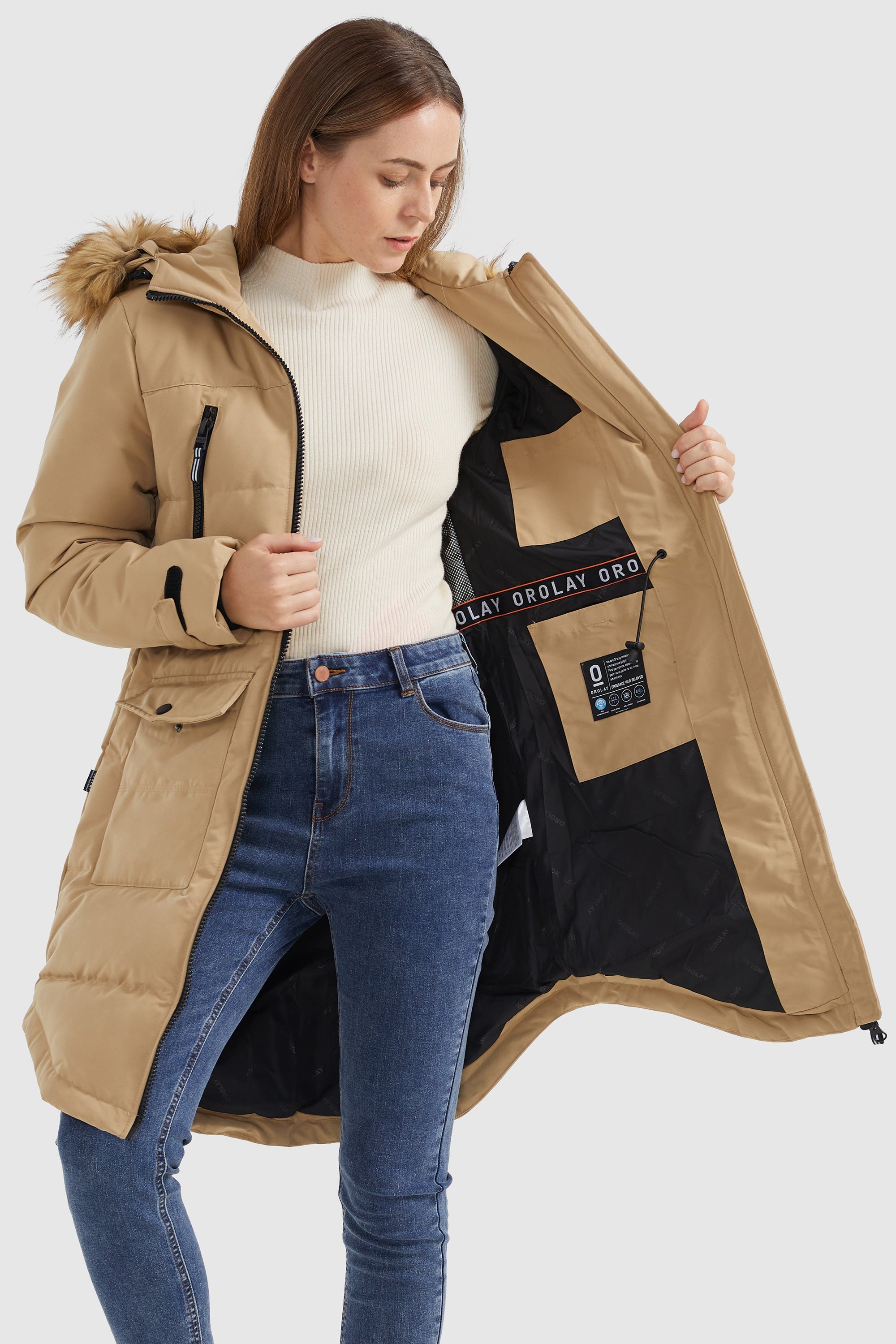 Orolay-Drawstring Hooded Thickened Down Coat-#color_Sand