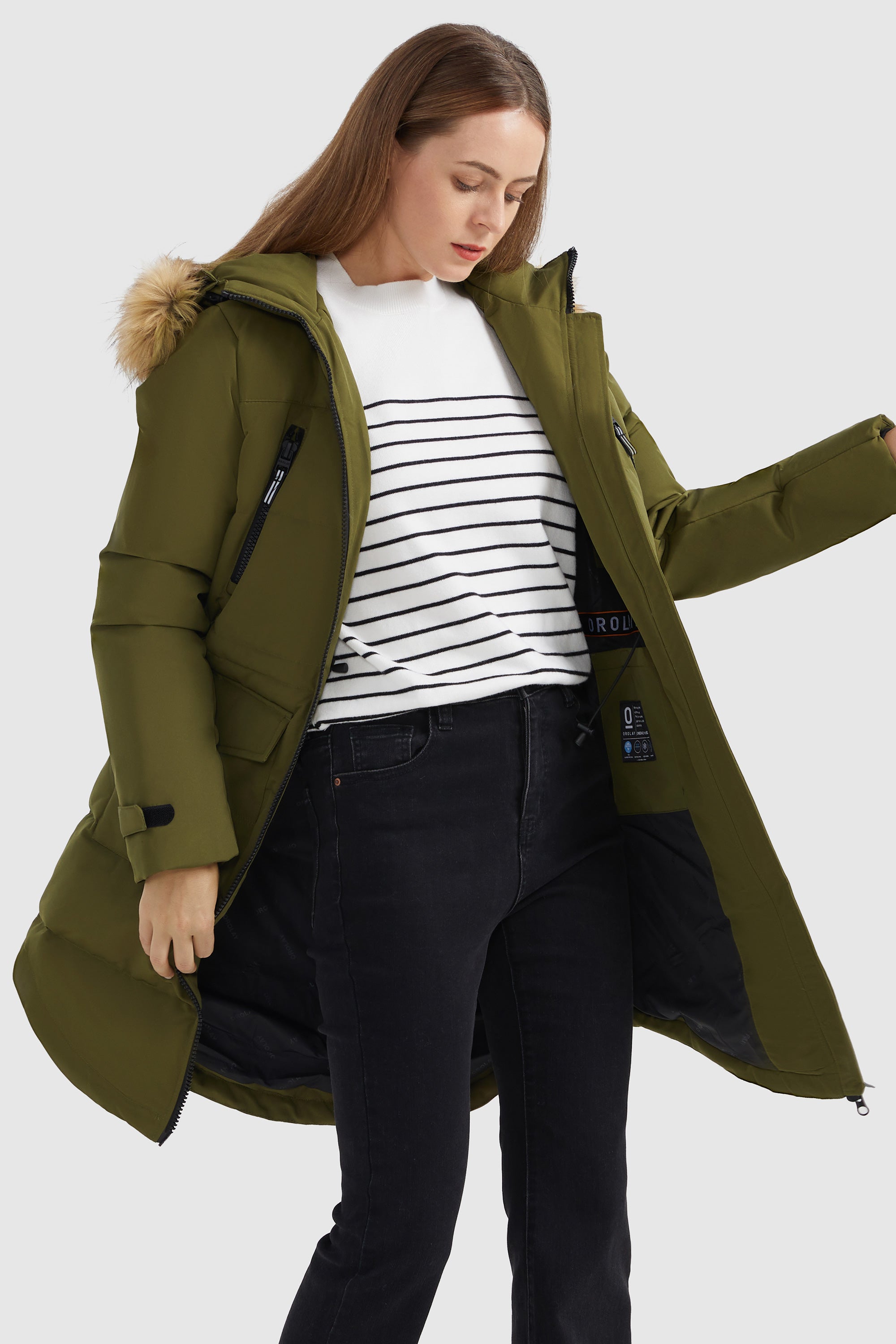 Orolay-Drawstring Hooded Thickened Down Coat-#color_Fir Green