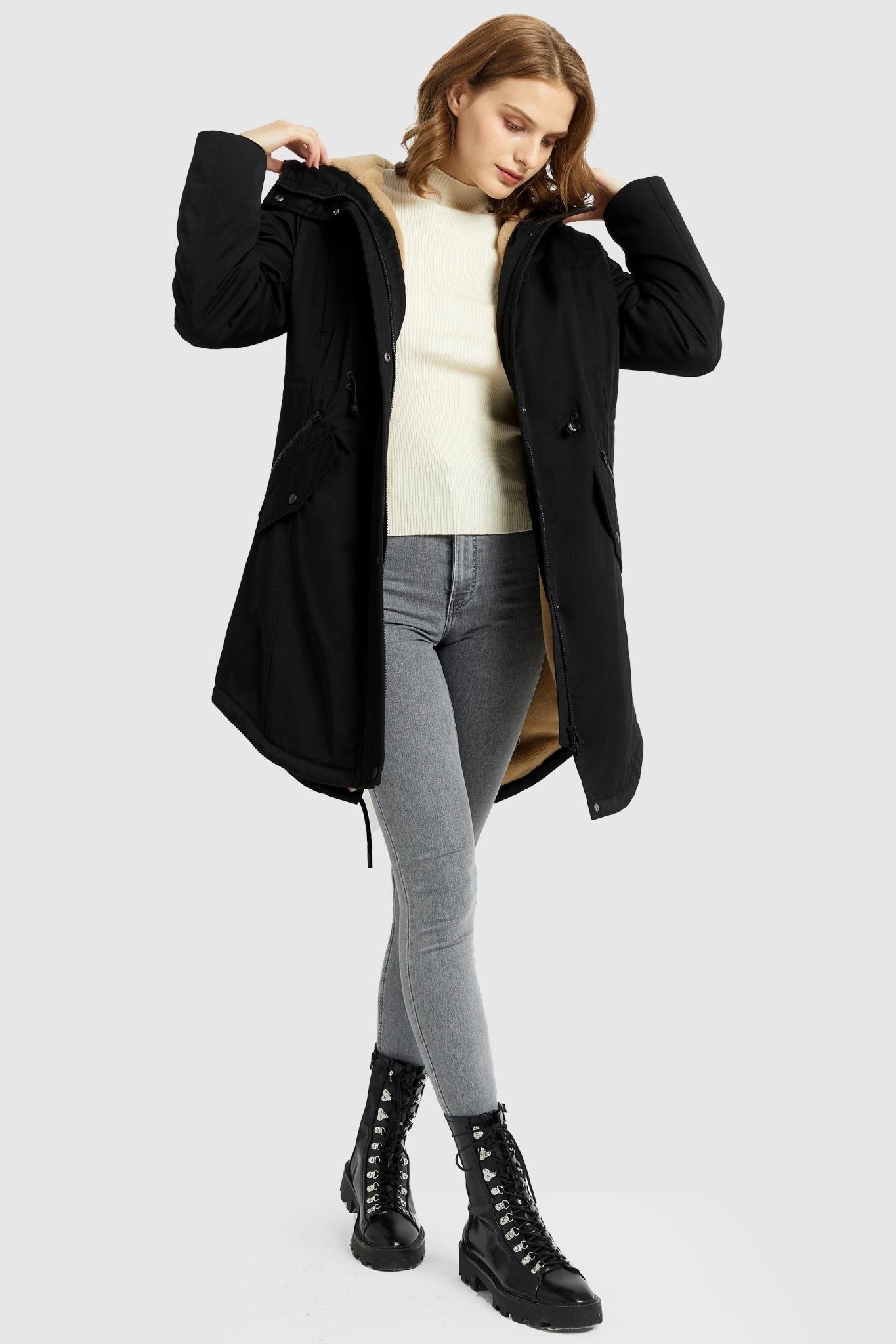 Orolay-Drawstring Waist Fleece-Lined Parka-Drawstring Waist Fleece - Lined Parka - Orolay, #color_Black