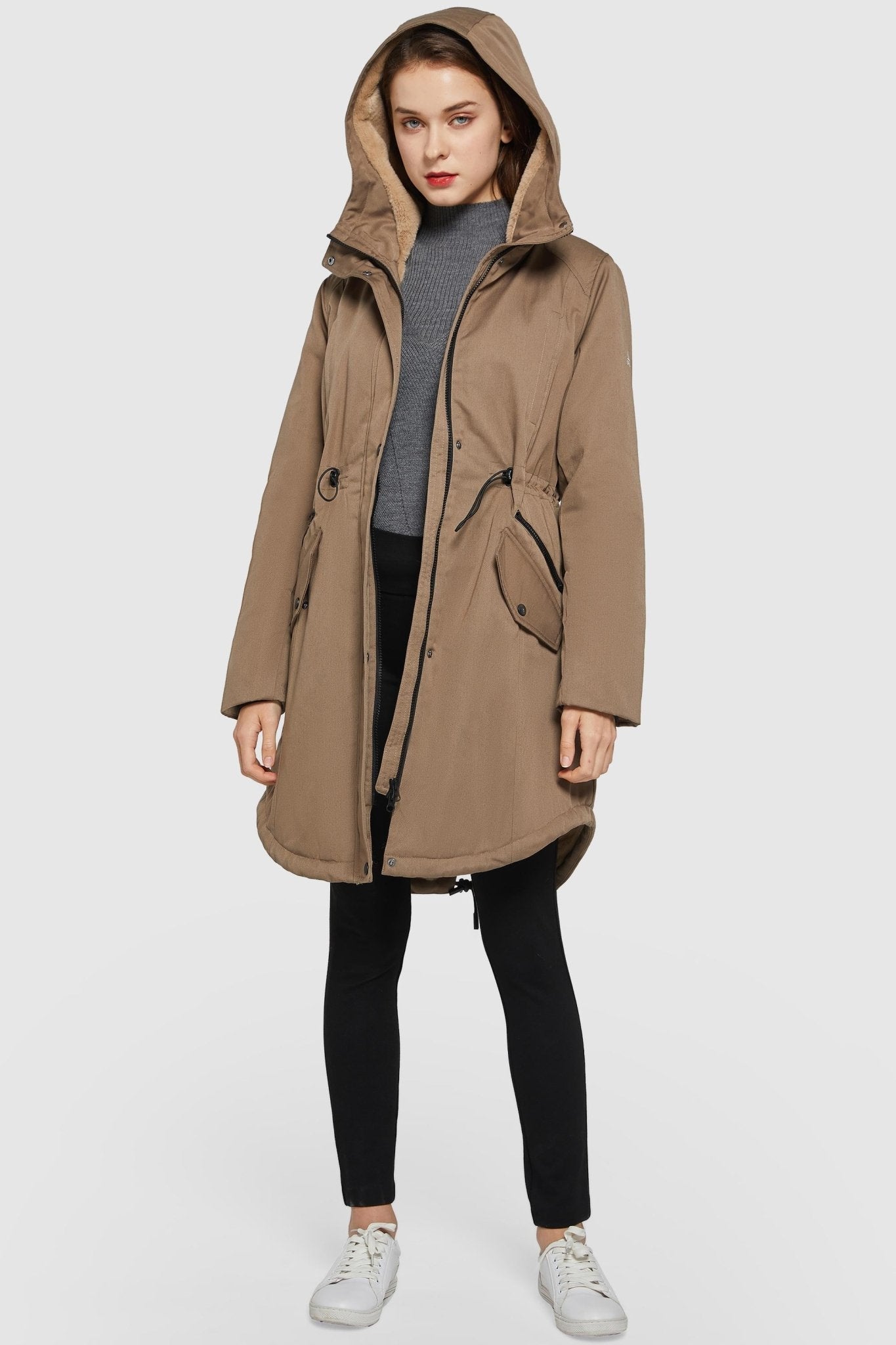 Orolay-Drawstring Waist Fleece-Lined Parka-Drawstring Waist Fleece - Lined Parka - Orolay, #color_Bronze Brown