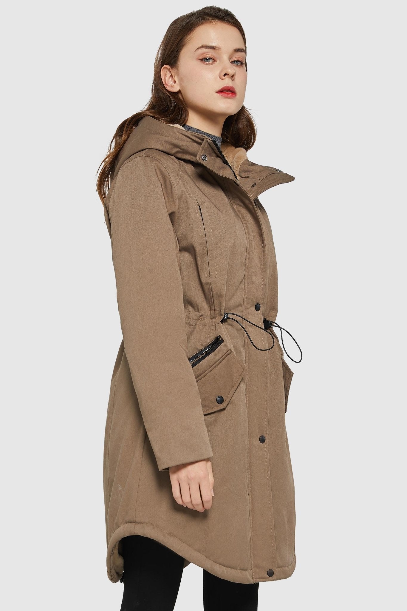 Orolay-Drawstring Waist Fleece-Lined Parka-Drawstring Waist Fleece - Lined Parka - Orolay, #color_Bronze Brown