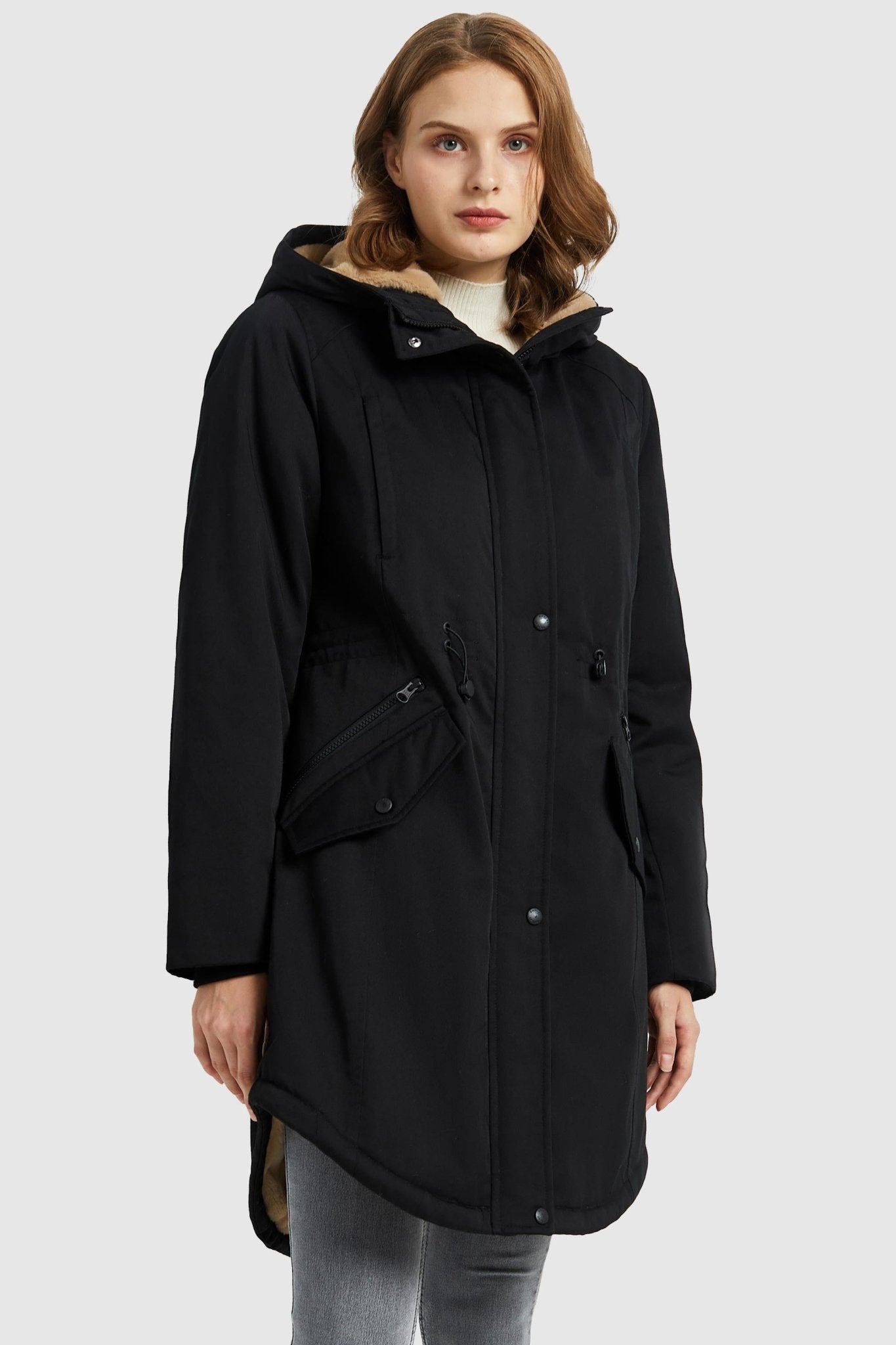 Orolay-Drawstring Waist Fleece-Lined Parka-Drawstring Waist Fleece - Lined Parka - Orolay, #color_Black