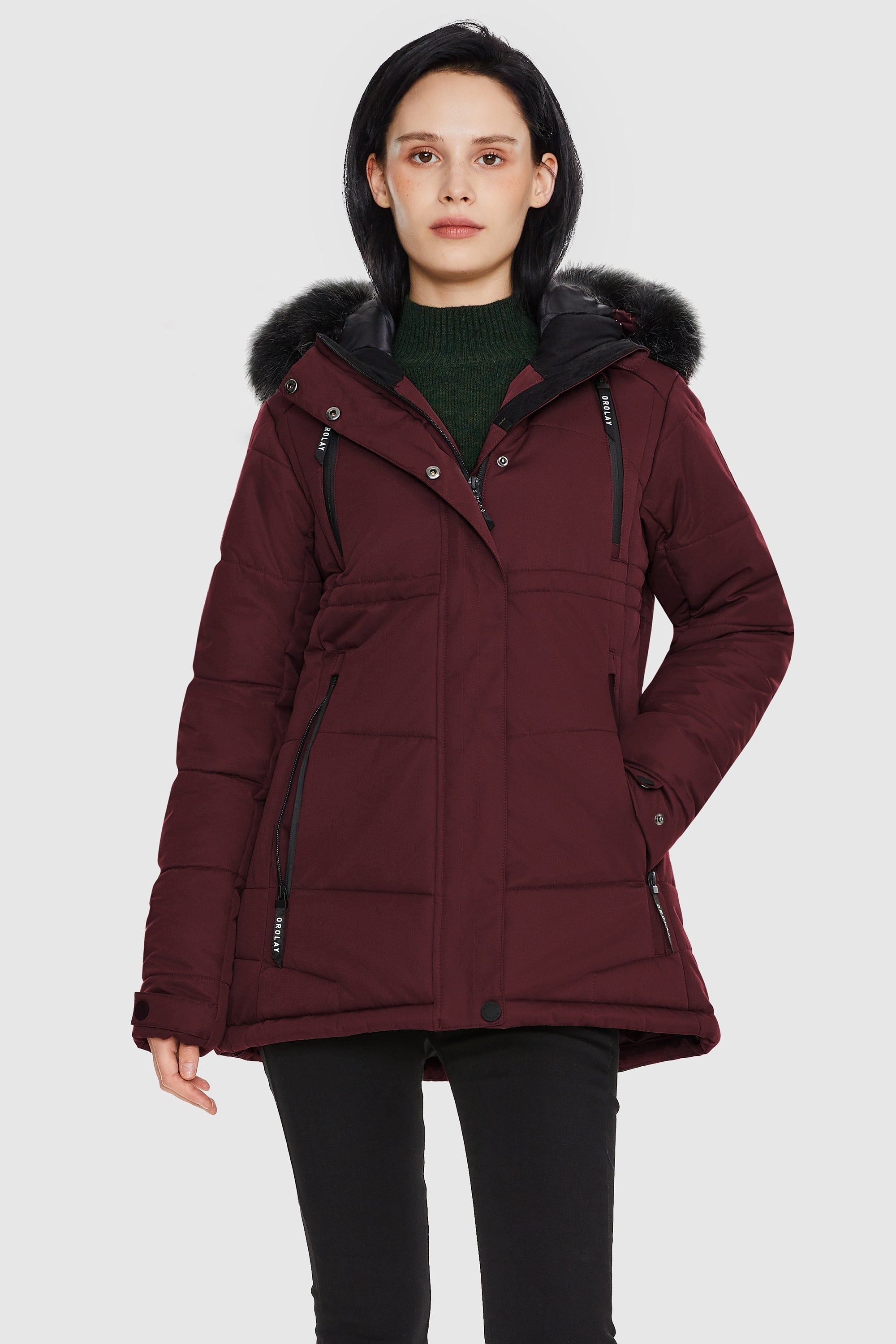 Orolay-Faux Fur Hooded Mountain Parka-#color_Syrah