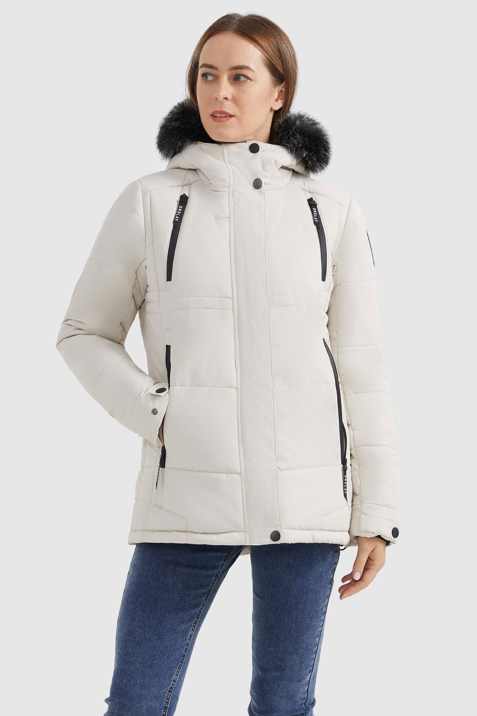 Orolay-Faux Fur Hooded Mountain Parka-#color_White