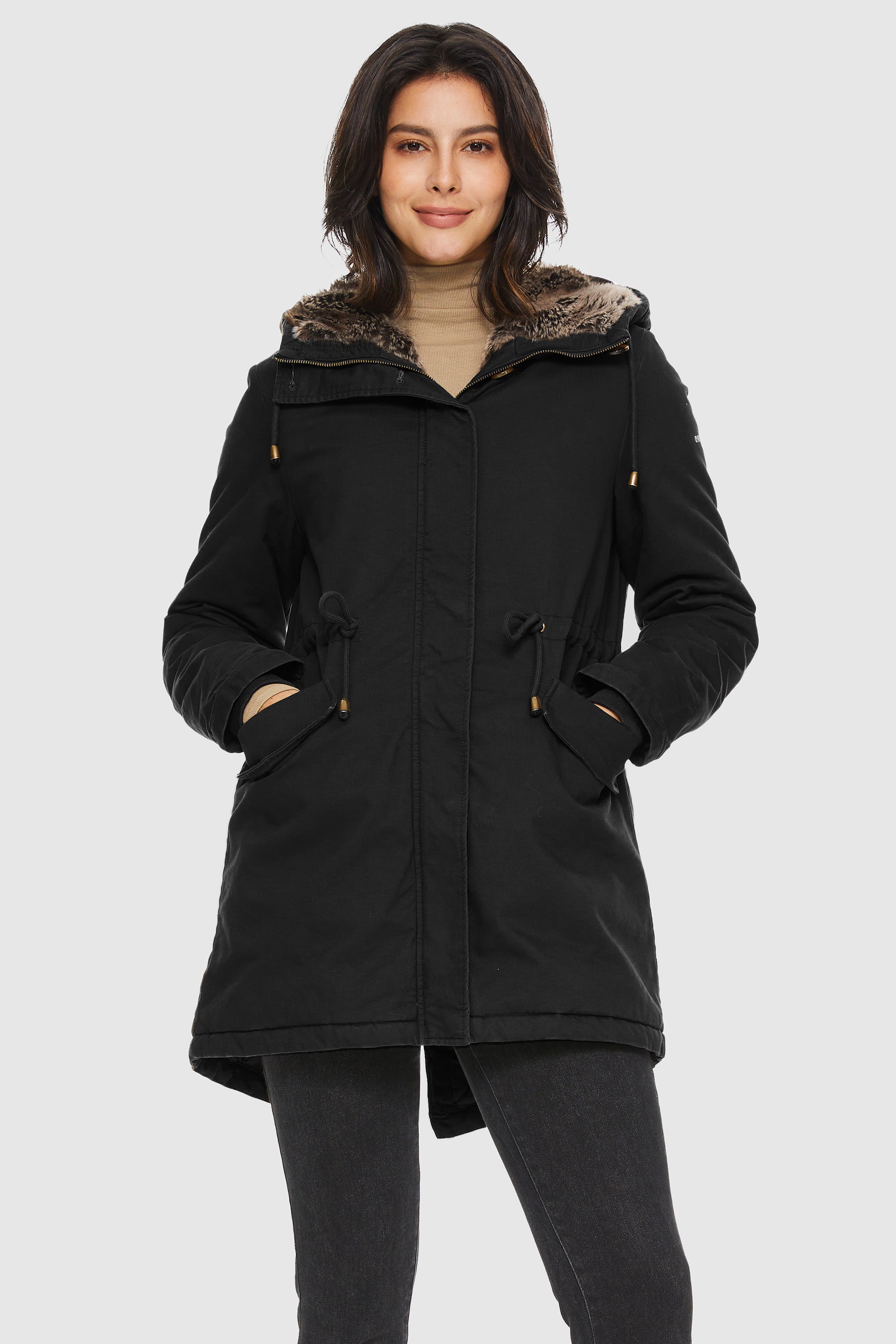 Orolay-Faux Fur Lined Military Fleece Parka-#color_Black